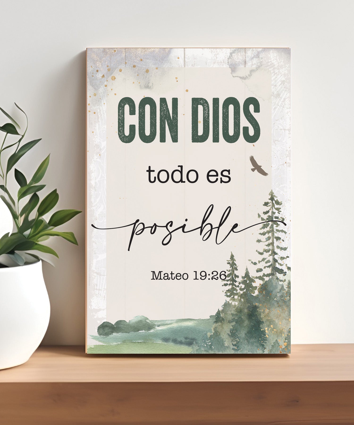 With God All Things Are Possible Spanish 4x6 MDF plaque with Matthew 19:26 verse and neutral artwork