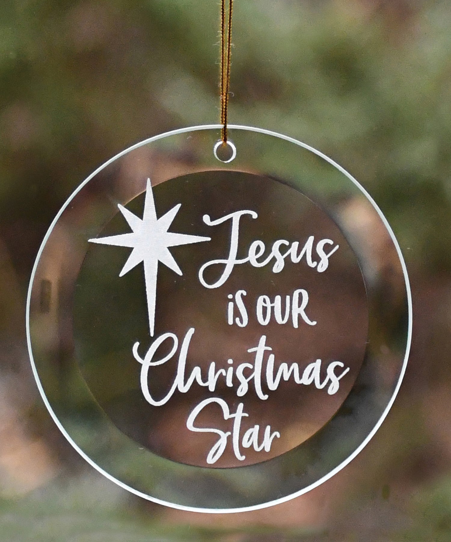 Jesus Glass Ornament with laser-etched design and gold string hanger, perfect for Christmas décor