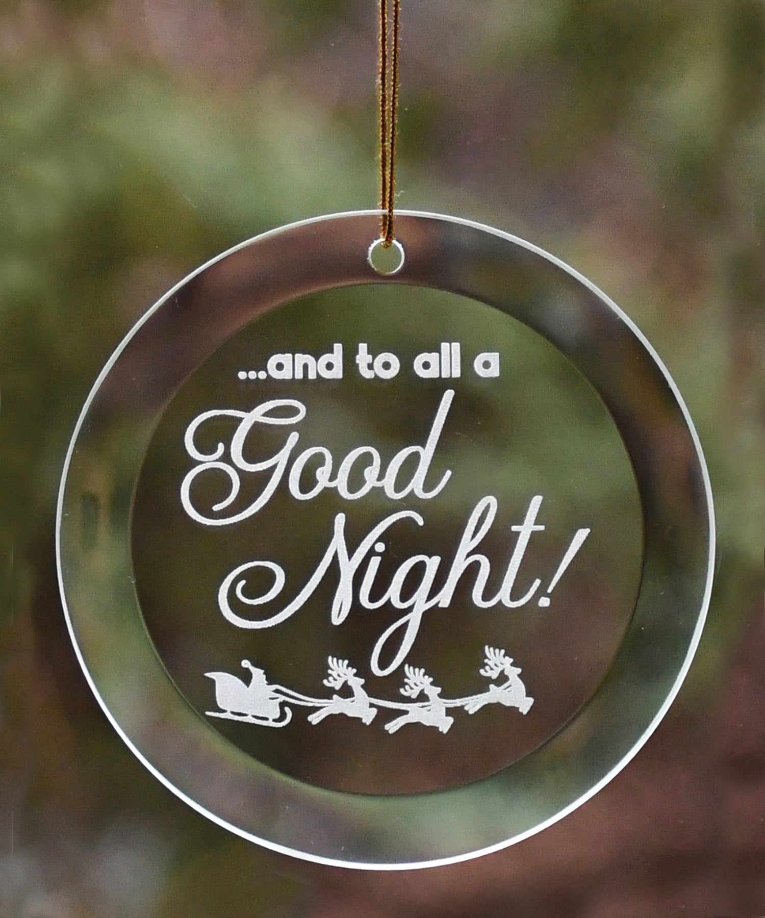 Good Night Glass Ornament with laser-etched design and gold string hanger, perfect for Christmas décor
