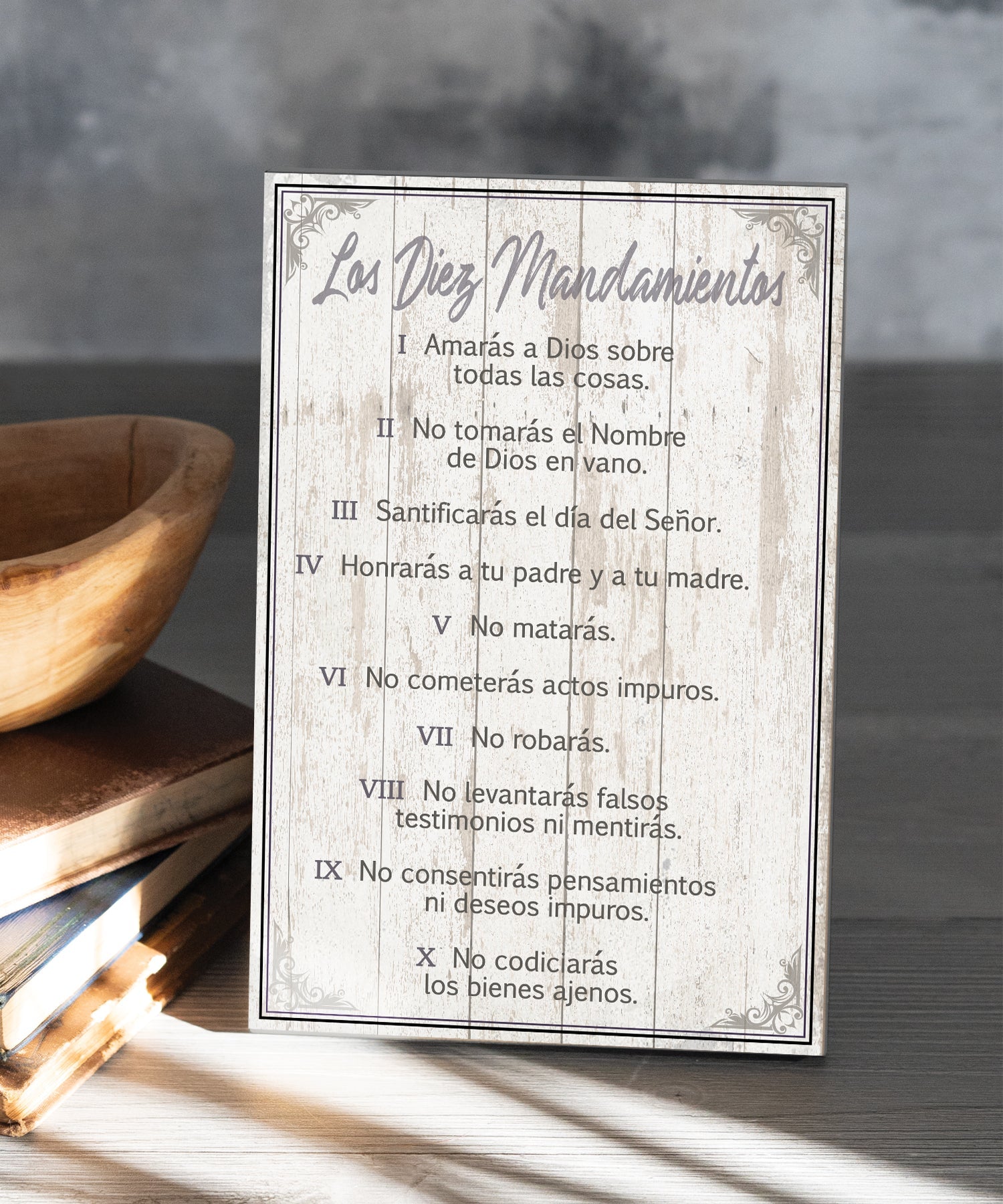 10 Commandments Spanish 6x9 MDF plaque with Catholic commandments and rustic wood design