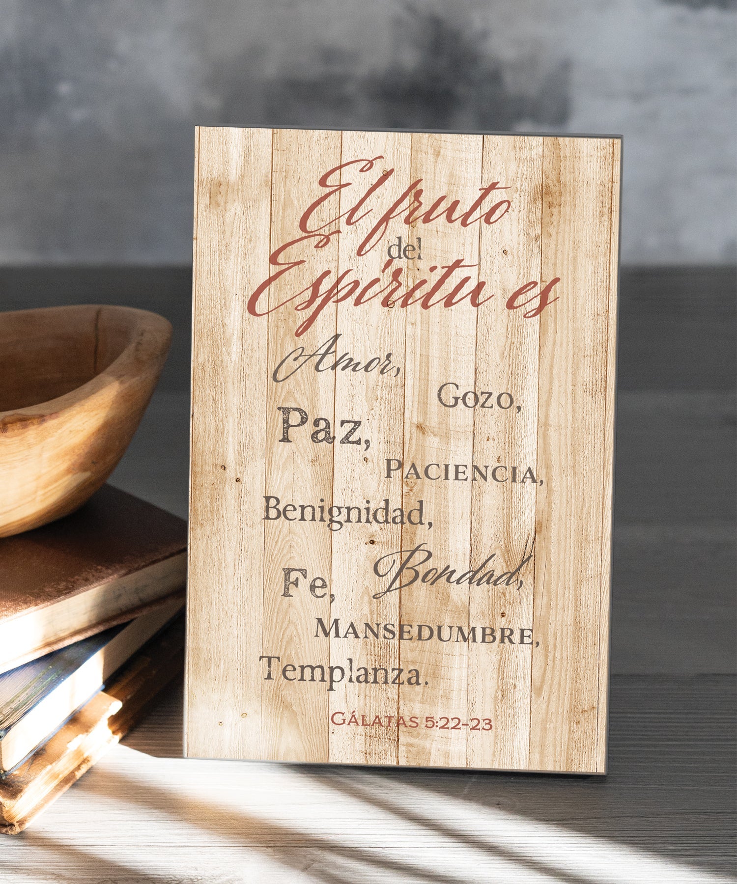 The Fruit of the Spirit 6x9 Spanish MDF Plaque with rustic reclaimed wood look and easel back
