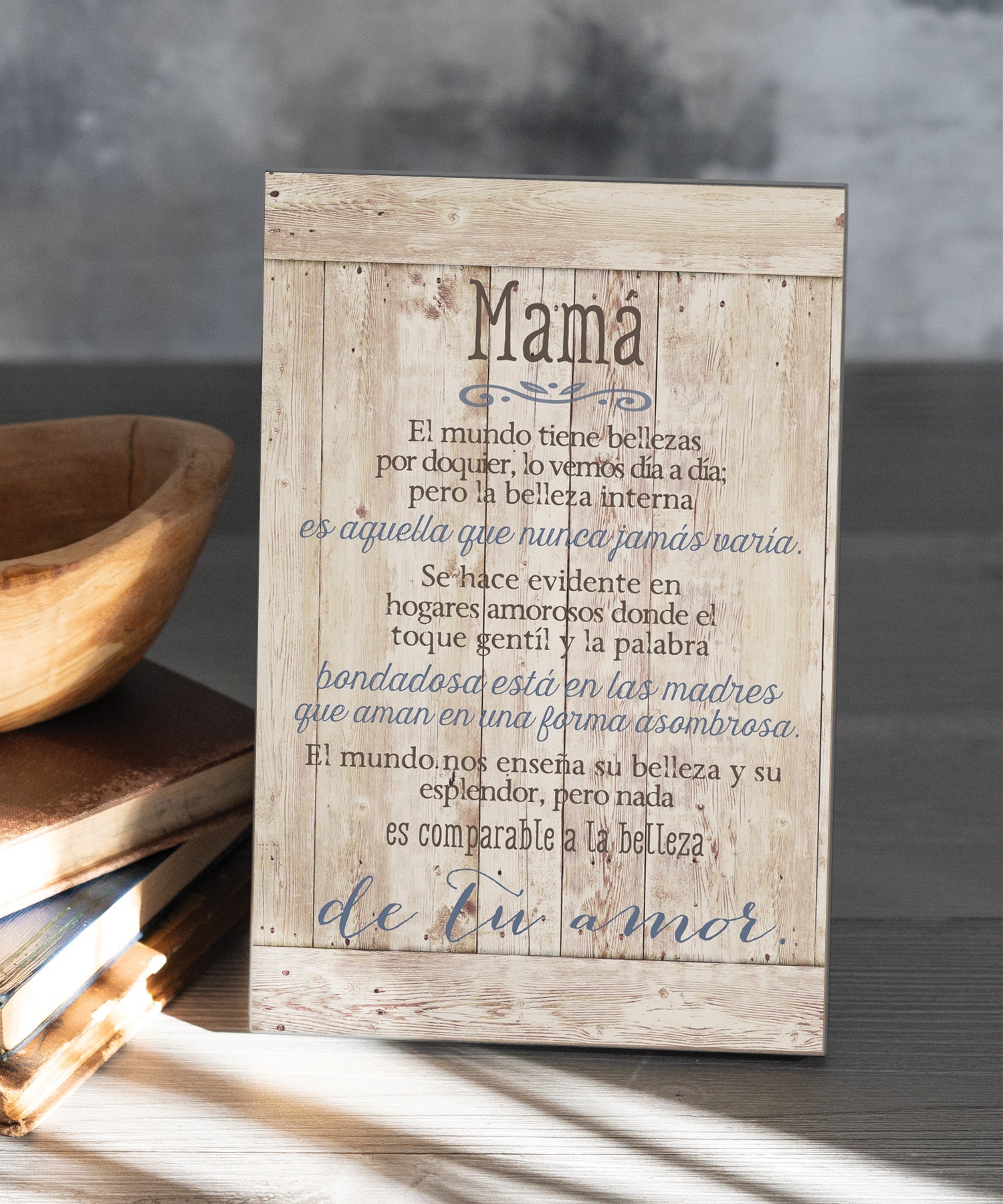 Mom 6x9 Spanish MDF Plaque with rustic reclaimed wood look and easel back