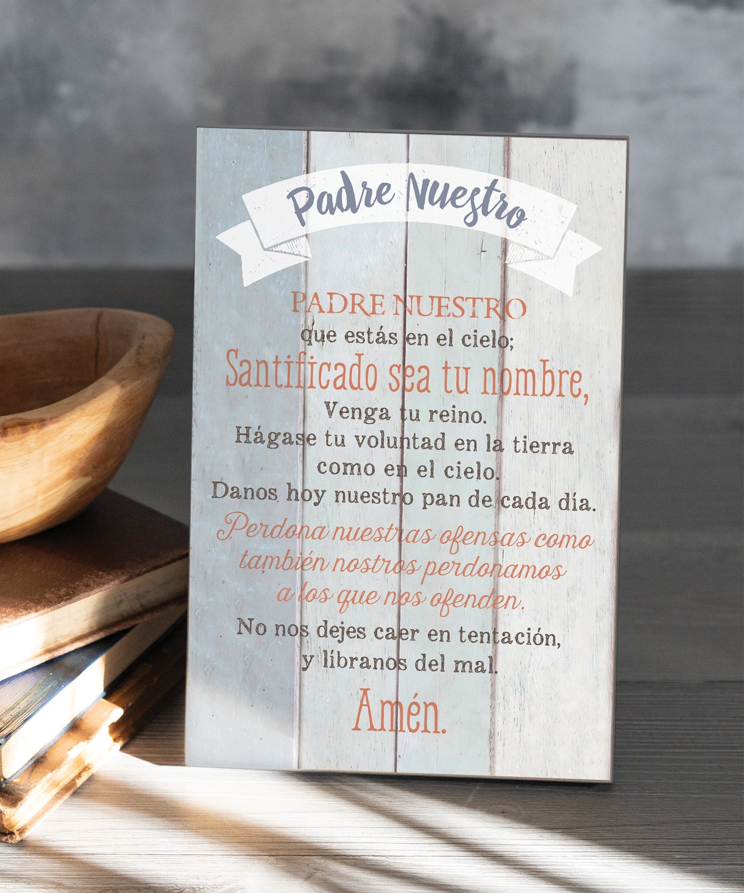 The Lord’s Prayer 6x9 Spanish MDF Plaque with rustic reclaimed wood look and easel back