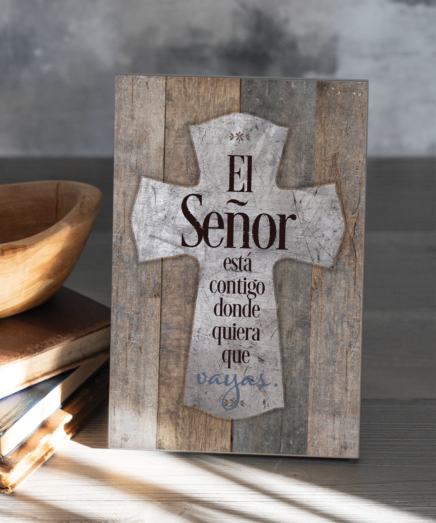 The Lord Is With You 6x9 Spanish MDF Plaque with rustic reclaimed wood look and easel back