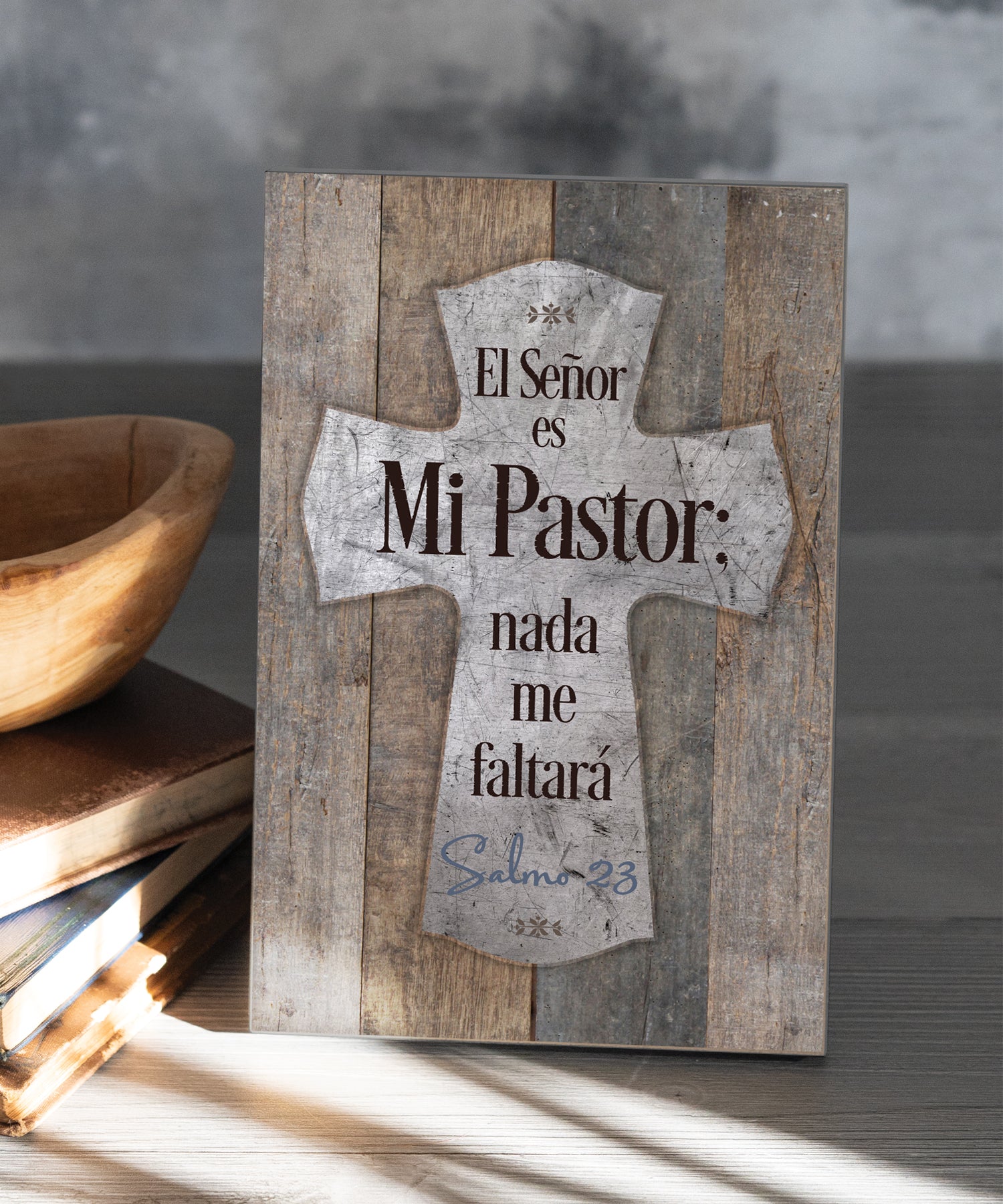 The Lord Is My Shepherd 6x9 Spanish MDF Plaque with rustic reclaimed wood look and easel back