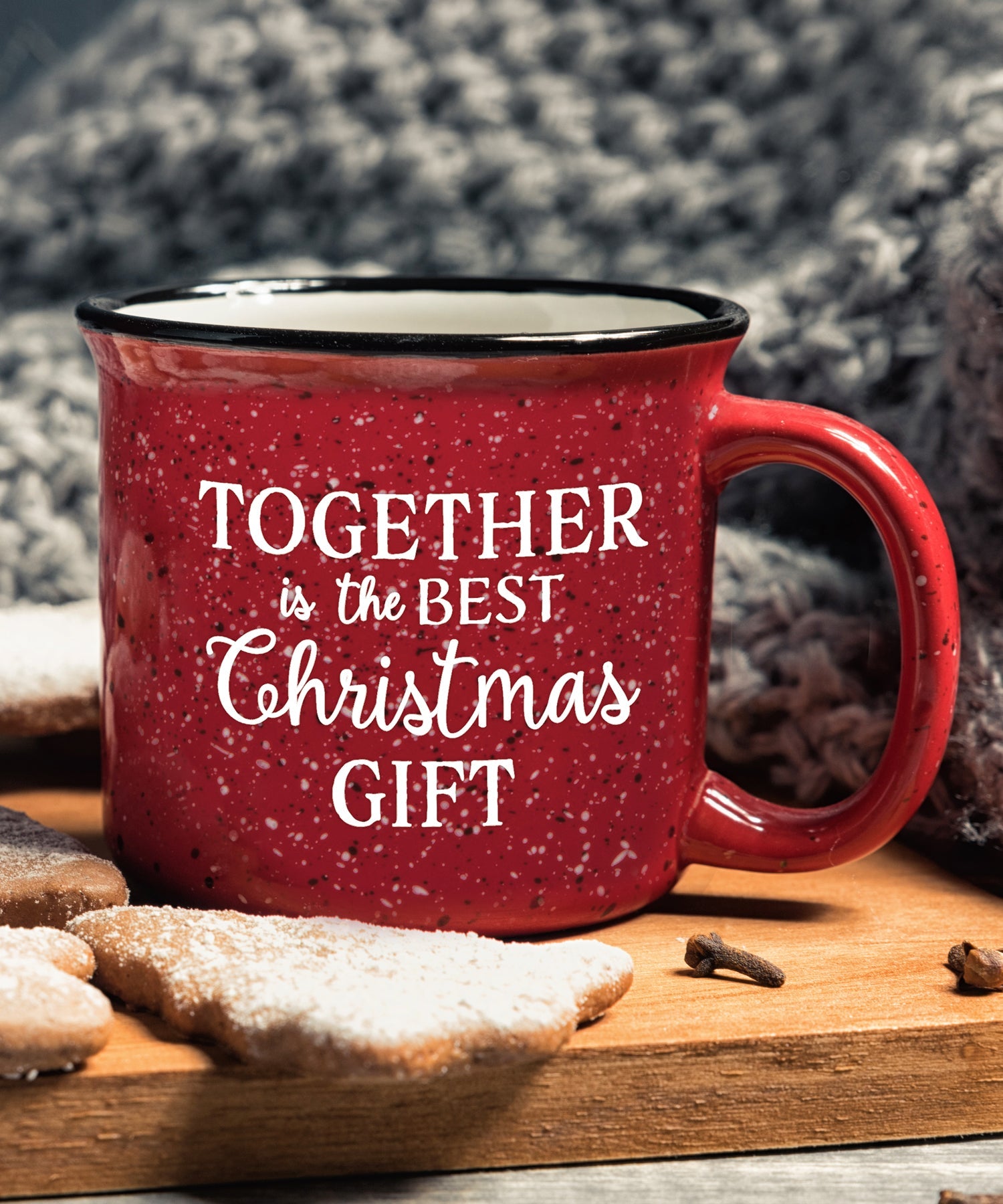 Ceramic Christmas camping mug with a design resembling a classic tin cup featuring the message Together Is the Best.