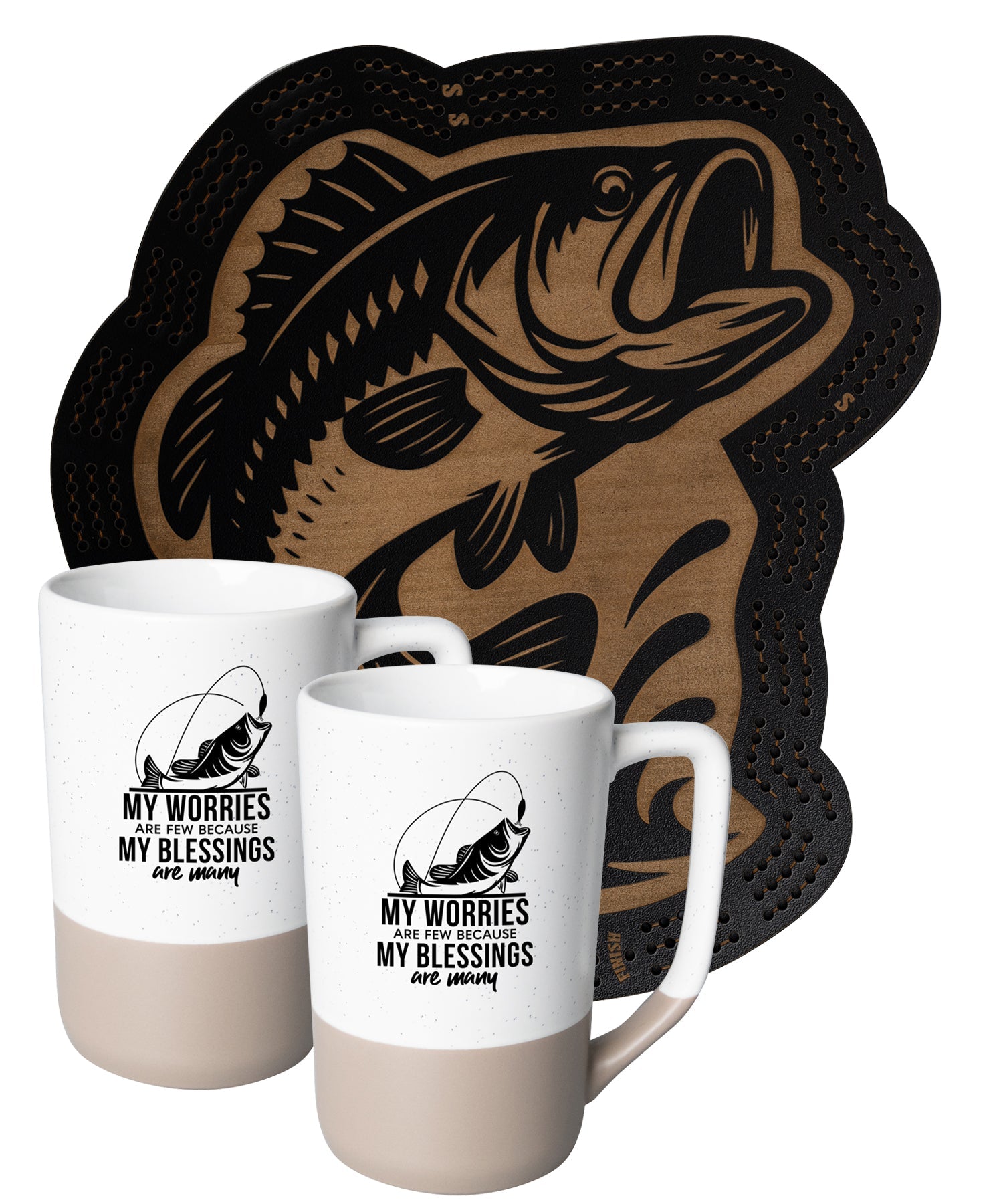 Fishing-themed mugs and coordinating coaster set, perfect for anglers who enjoy faith-filled relaxation.