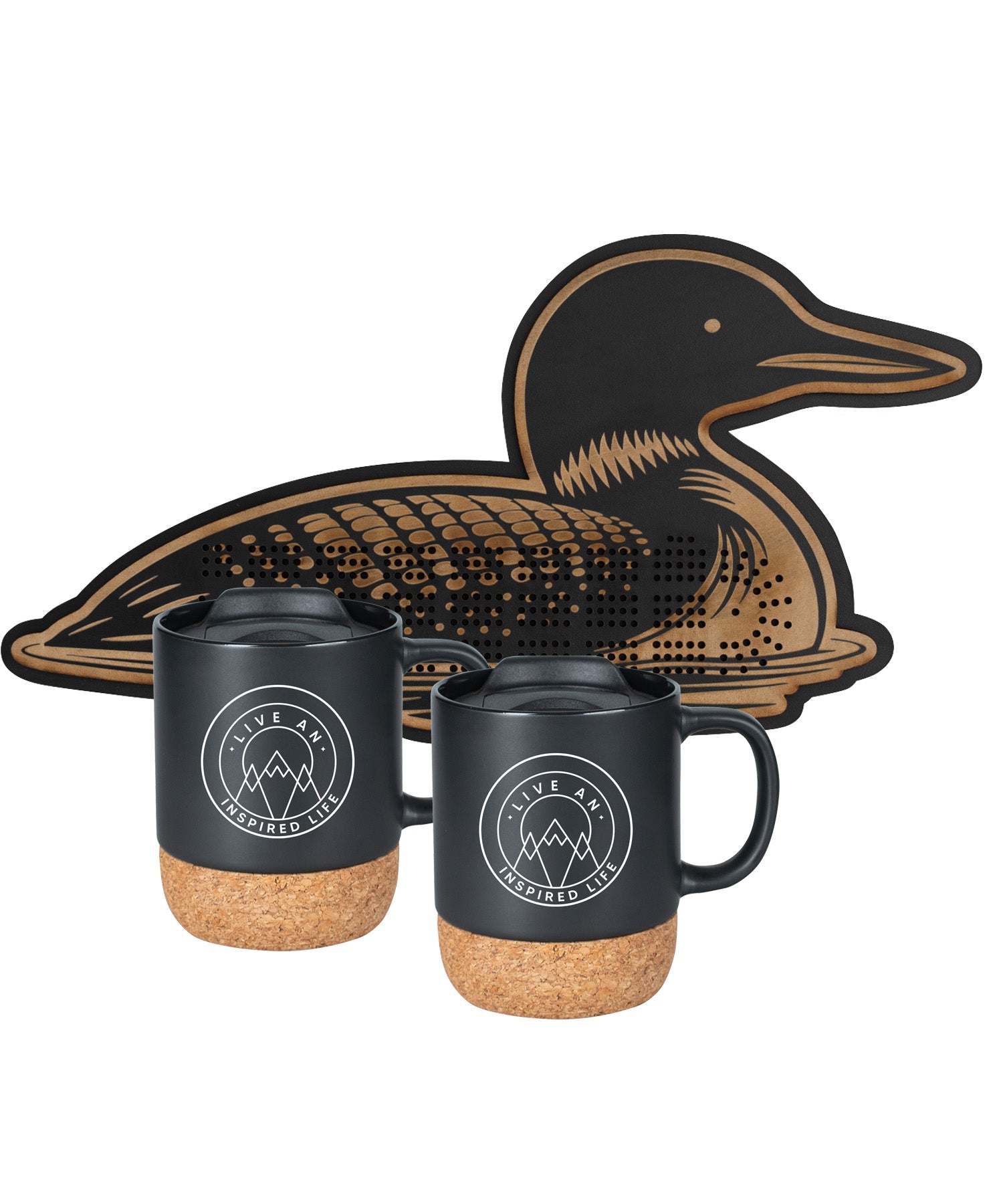 Lake-themed cribbage board and two mugs designed for peaceful moments and cozy gatherings.