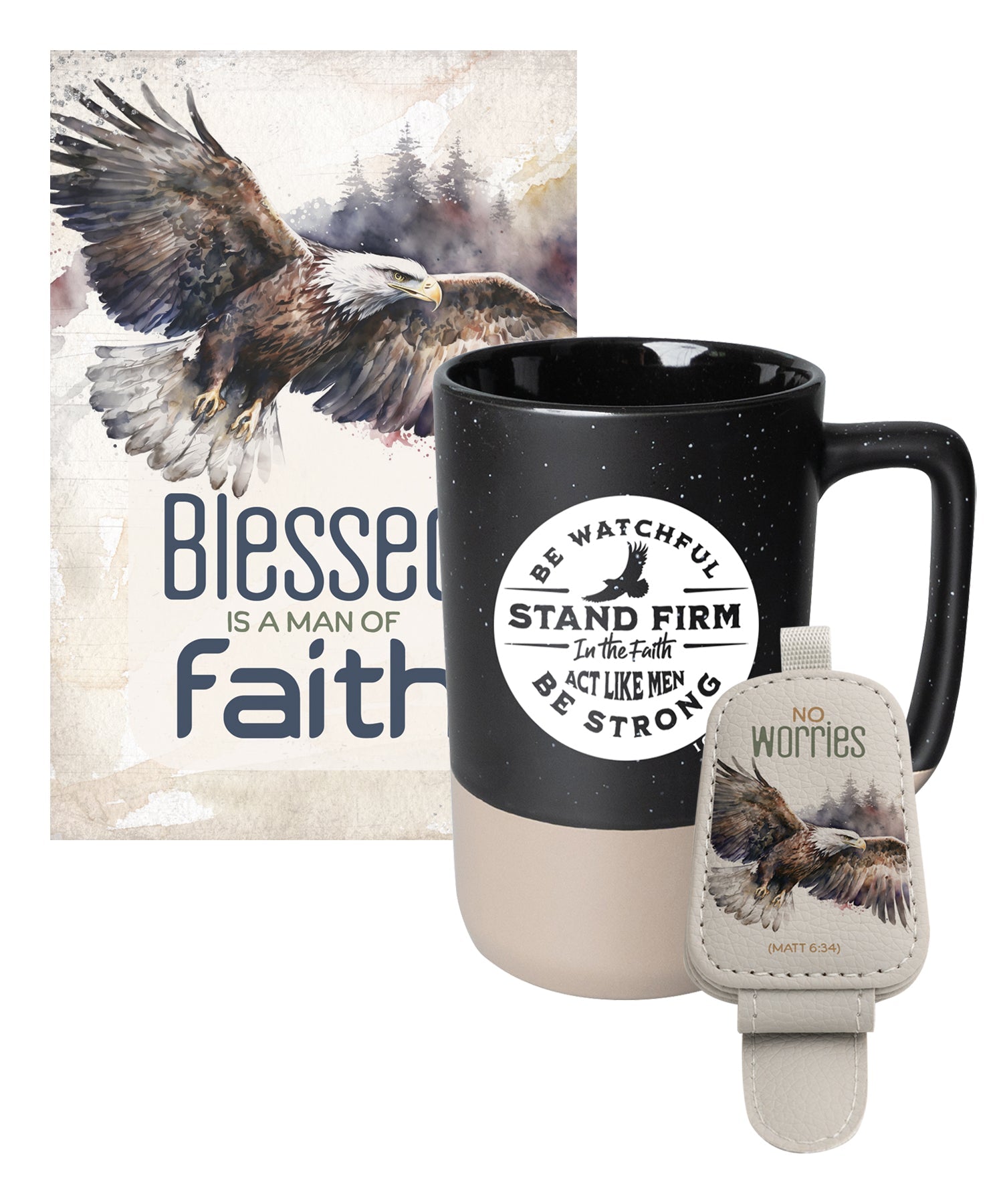 Faith-inspired compact mirror, visor clip, and mug designed to encourage strength and confidence throughout the day.