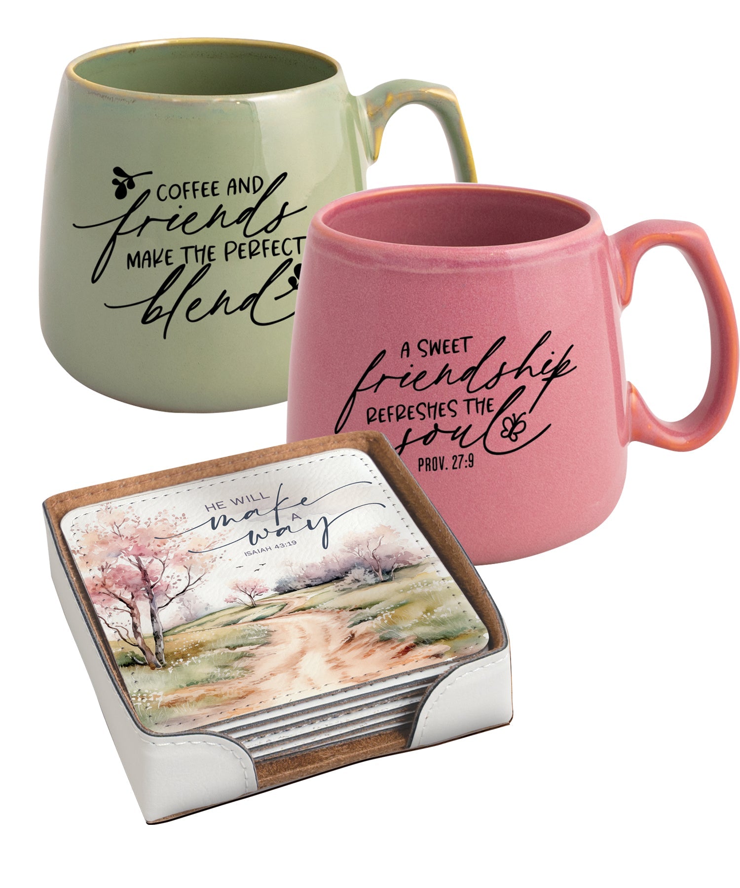 Friendship-themed mugs paired with a coordinating coaster set, designed for meaningful connection and encouragement.