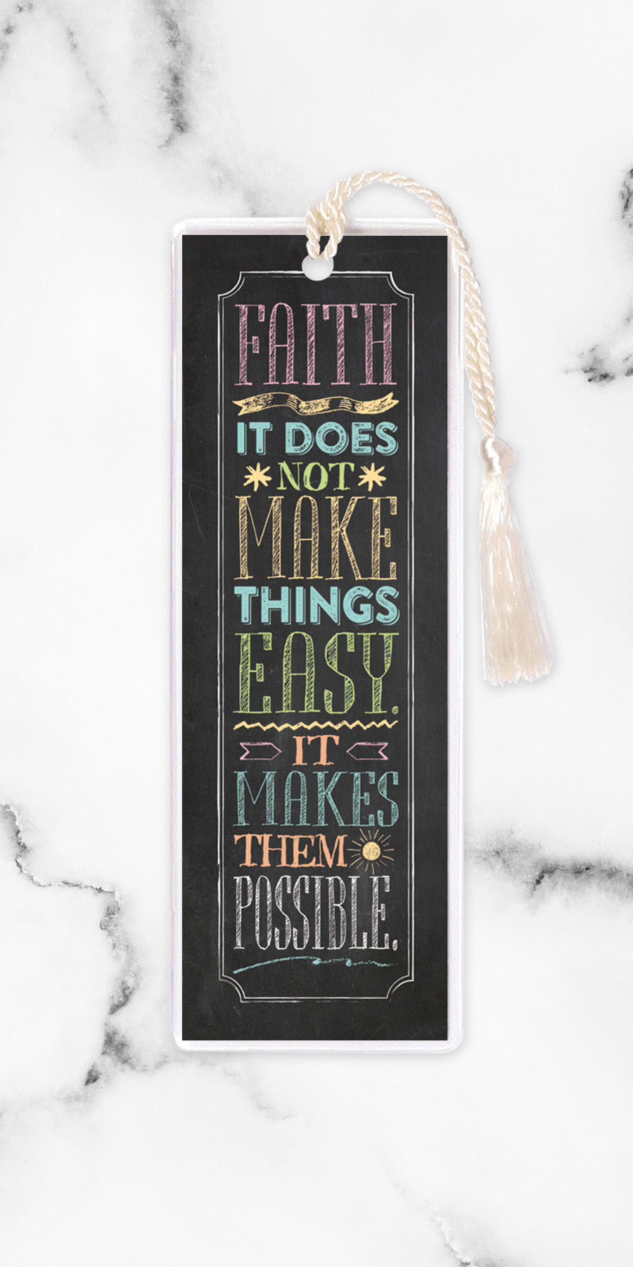 An elegant double-sided bookmark, Faith, is protected by a clear vinyl sleeve and finished with a tassel.