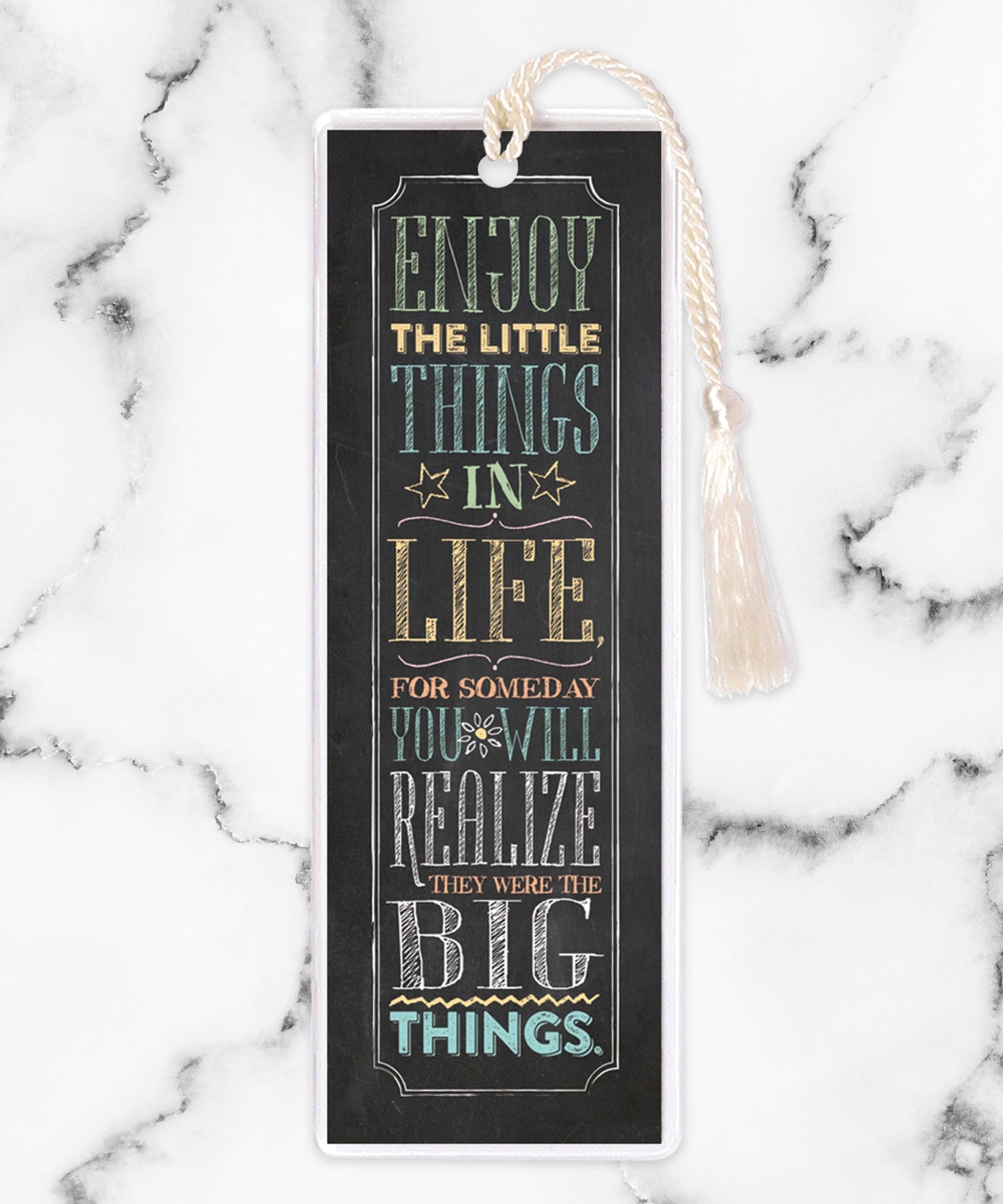 Enjoy the Little Things tasseled bookmark with inspirational message and decorative tassel