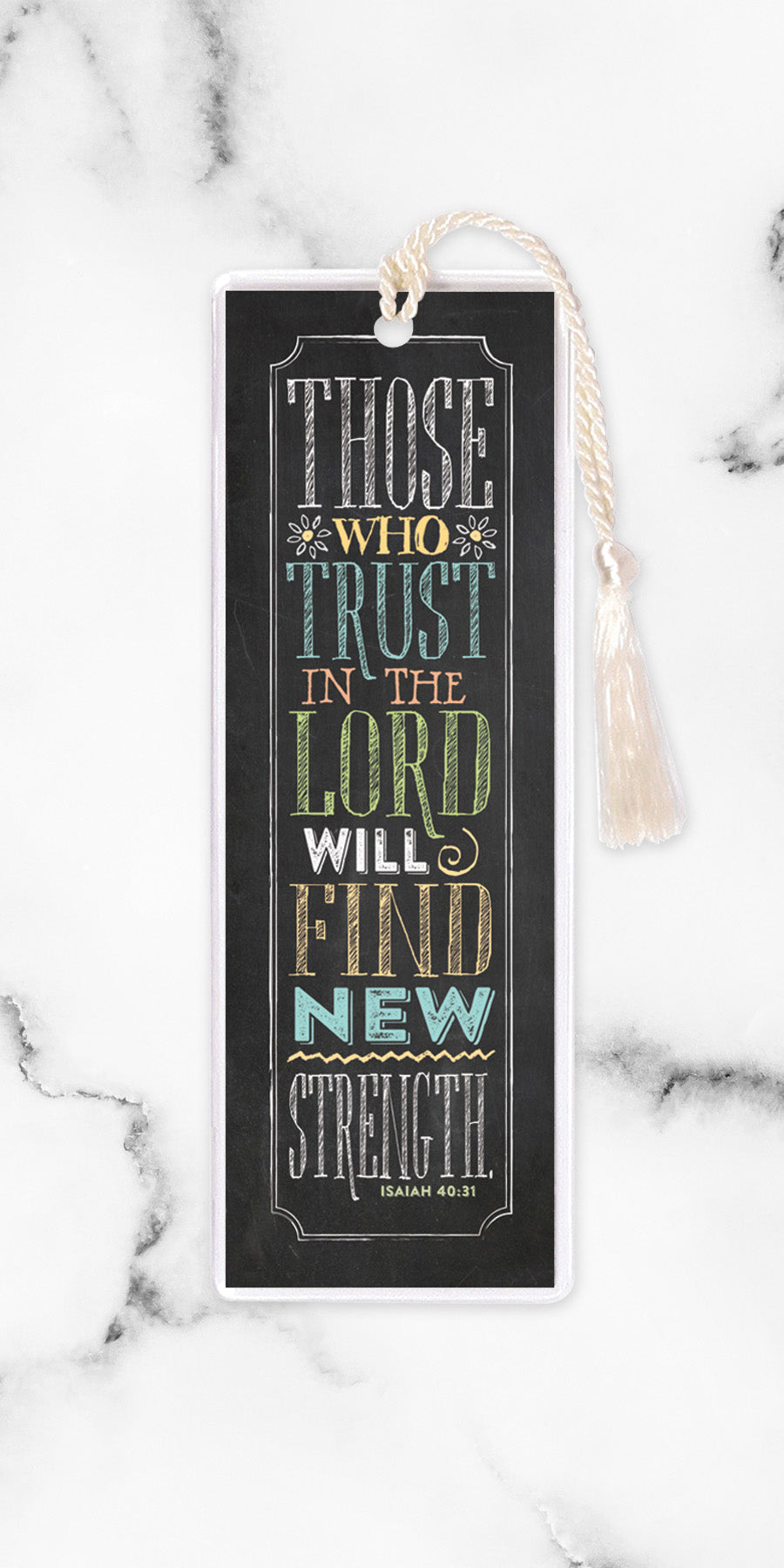 An elegant double-sided bookmark, Those Who Hope in the Lord, is protected by a clear vinyl sleeve and finished with a tassel.