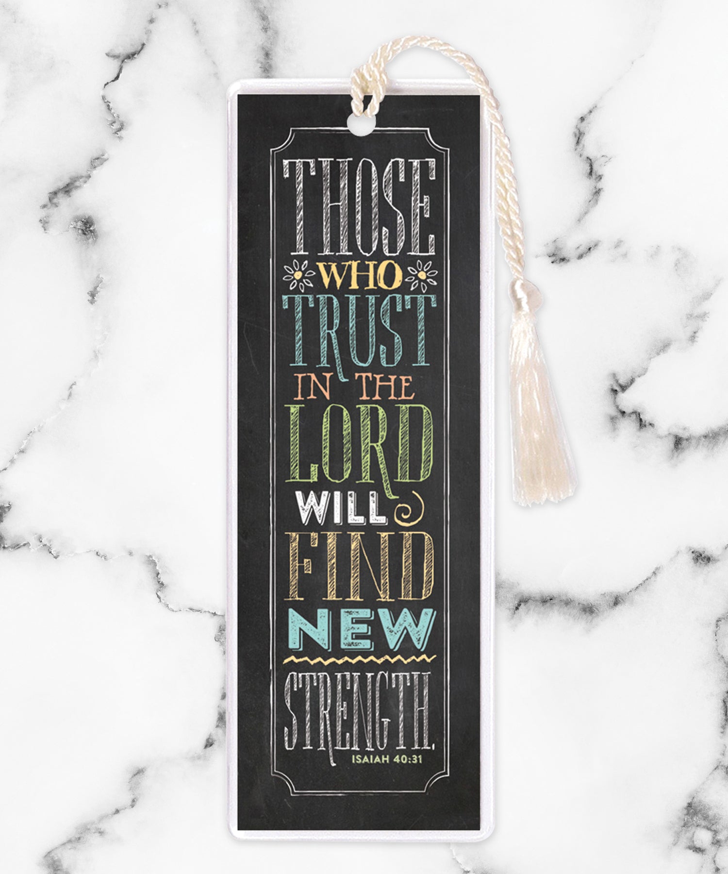 An elegant double-sided bookmark, Those Who Hope in the Lord, is protected by a clear vinyl sleeve and finished with a tassel.
