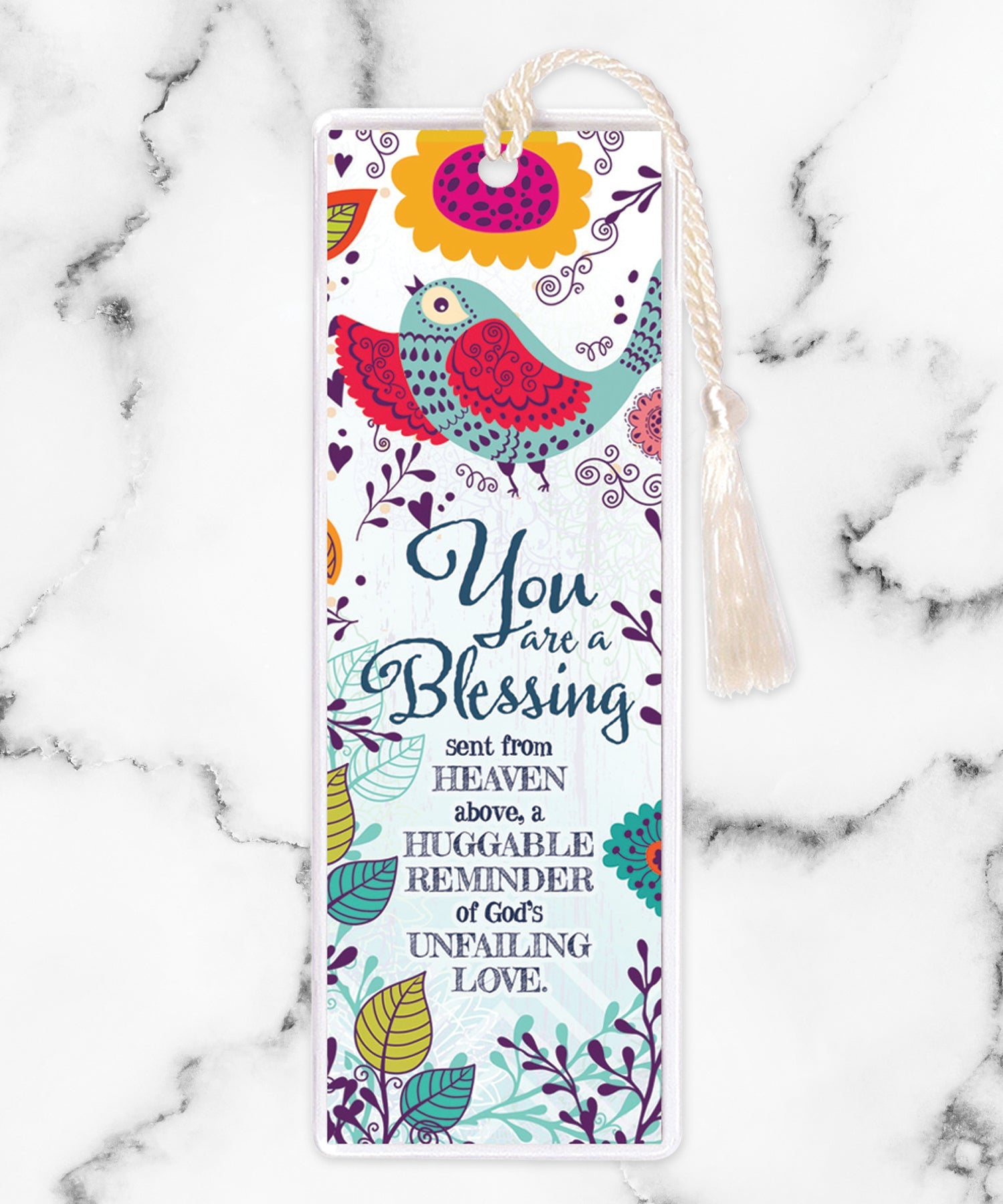 An elegant double-sided bookmark, You Are A Blessing, is protected by a clear vinyl sleeve and finished with a tassel.