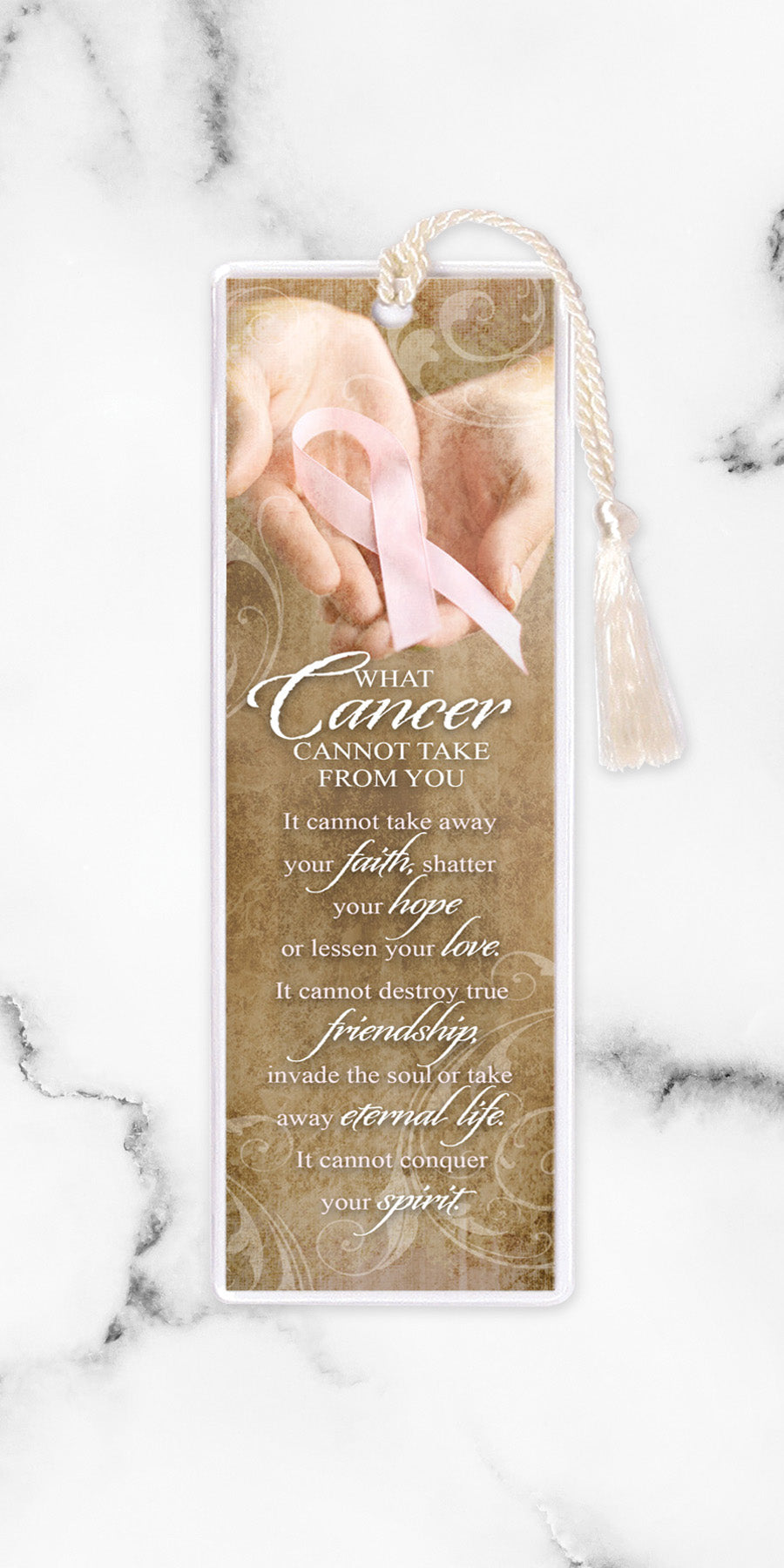 An elegant double-sided bookmark, Cancer Ribbon, is protected by a clear vinyl sleeve and finished with a tassel.