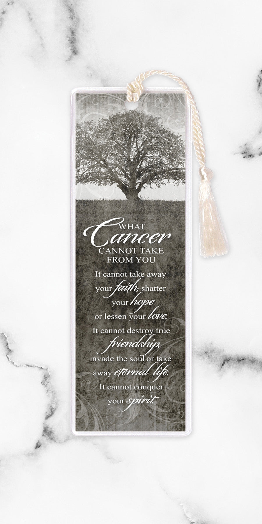 An elegant double-sided bookmark, Cancer Tree, is protected by a clear vinyl sleeve and finished with a tassel.