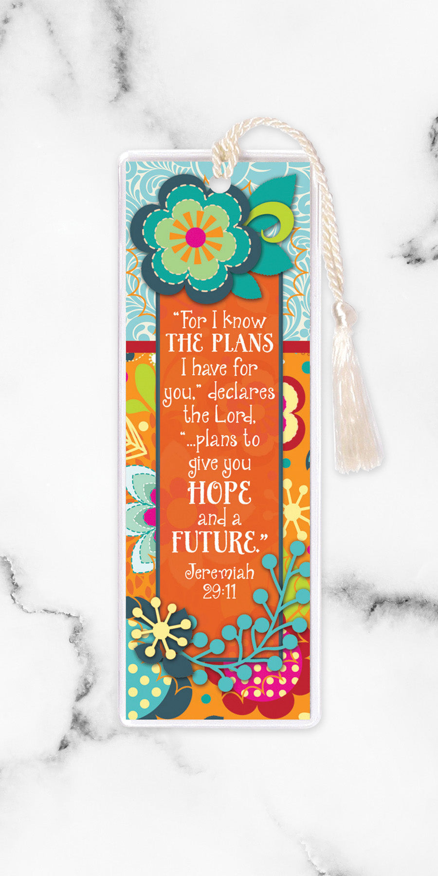 An elegant double-sided bookmark, For I Know, is protected by a clear vinyl sleeve and finished with a tassel.
