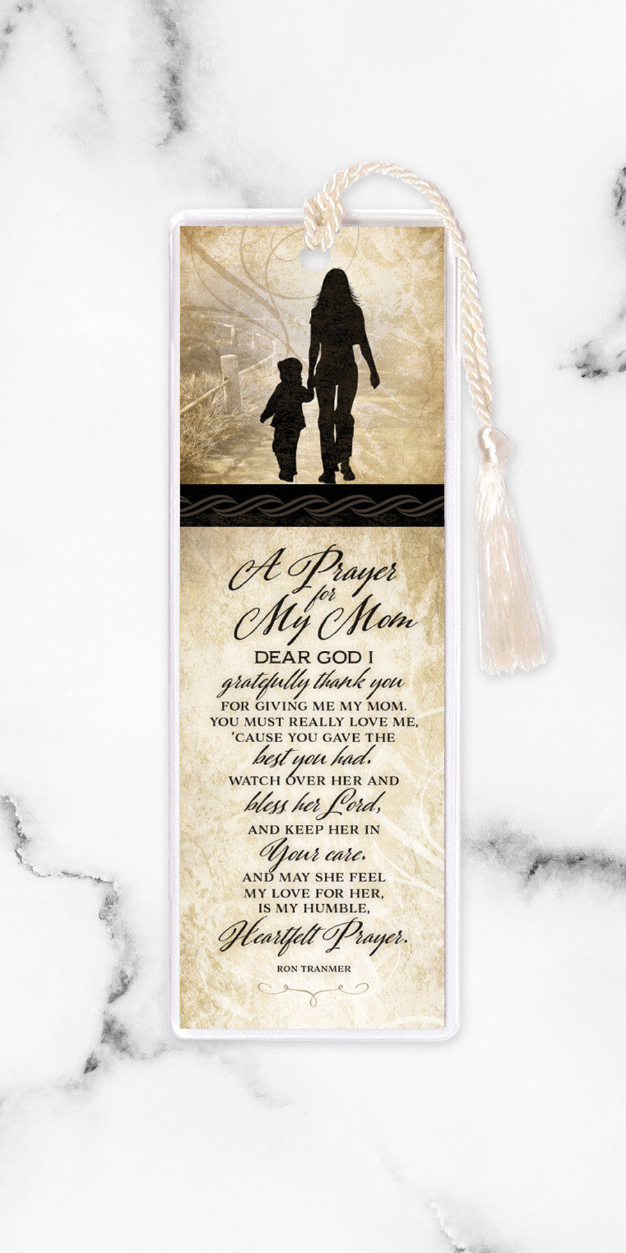 An elegant double-sided bookmark, Prayer For My Mom, is protected by a clear vinyl sleeve and finished with a tassel.