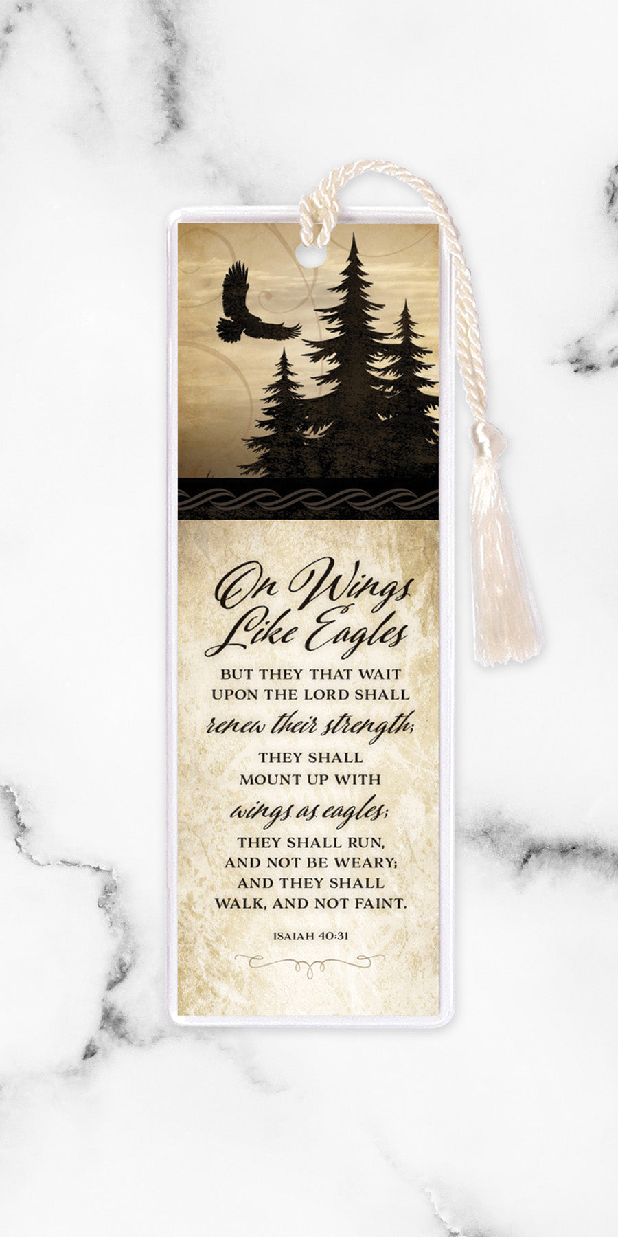 An elegant double-sided bookmark, On Wings Like Eagles, is protected by a clear vinyl sleeve and finished with a tassel.