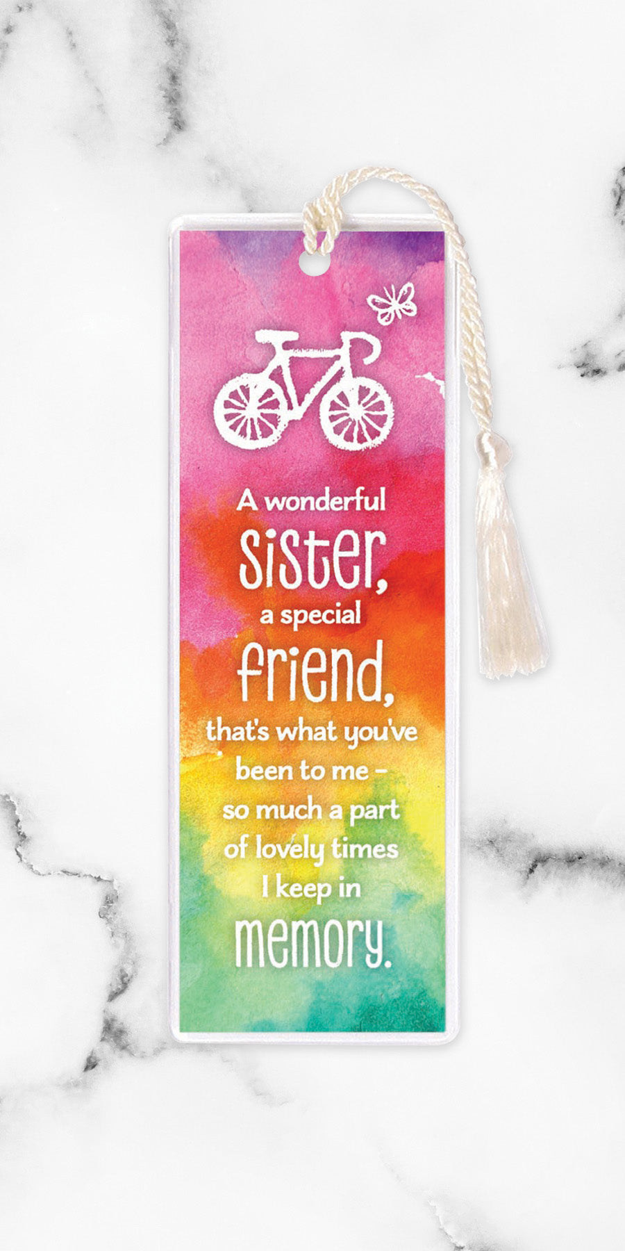 An elegant double-sided bookmark, A Wonderful Sister, is protected by a clear vinyl sleeve and finished with a tassel.