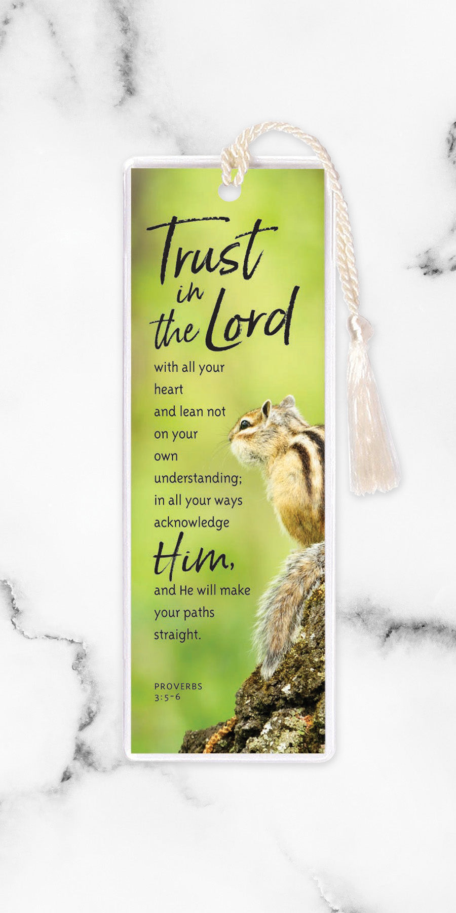 An elegant double-sided bookmark, Trust in the Lord, is protected by a clear vinyl sleeve and finished with a tassel.
