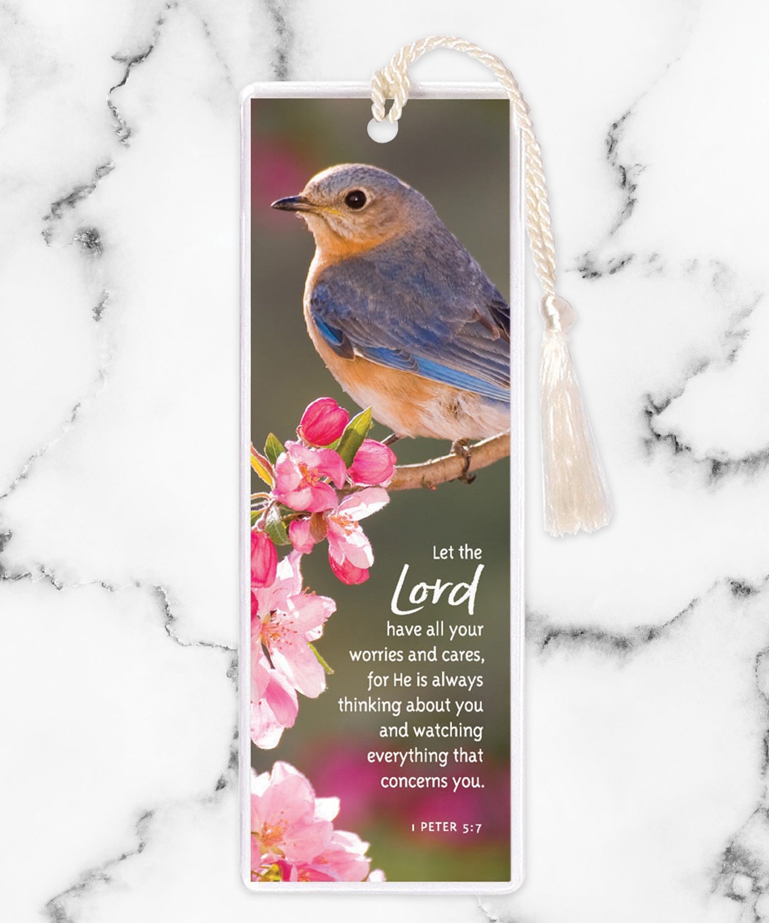 An elegant double-sided bookmark, Let the Lord, is protected by a clear vinyl sleeve and finished with a tassel.