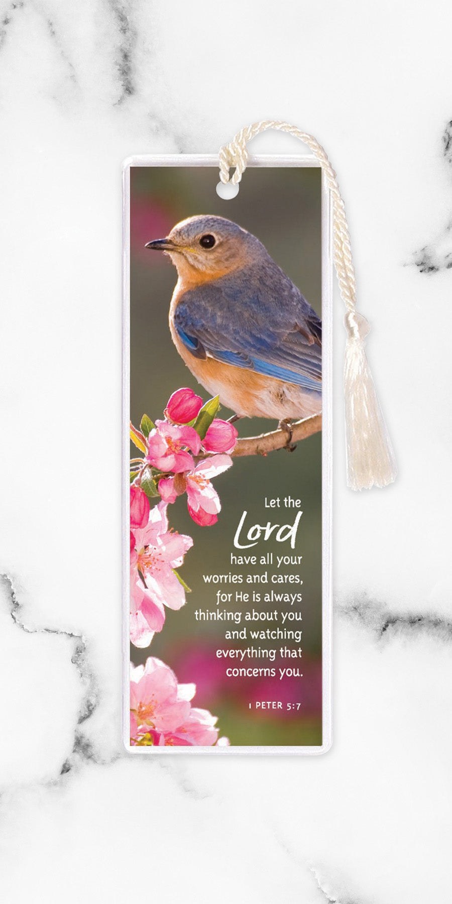 An elegant double-sided bookmark, Let the Lord, is protected by a clear vinyl sleeve and finished with a tassel.