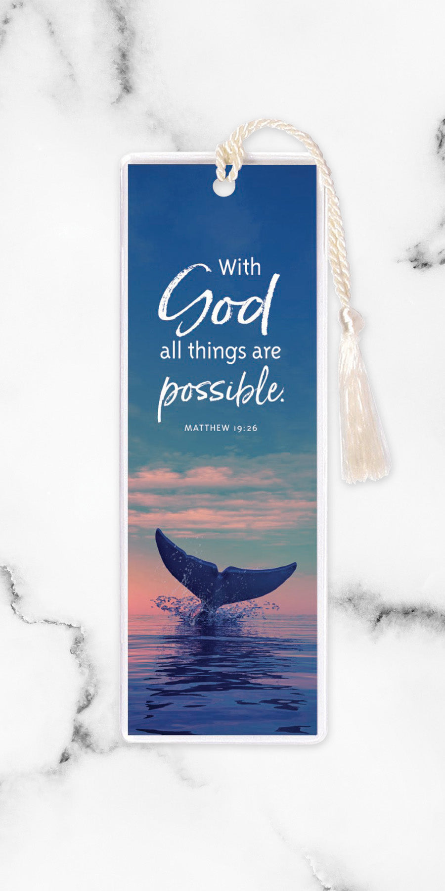 An elegant double-sided bookmark, With God, is protected by a clear vinyl sleeve and finished with a tassel.