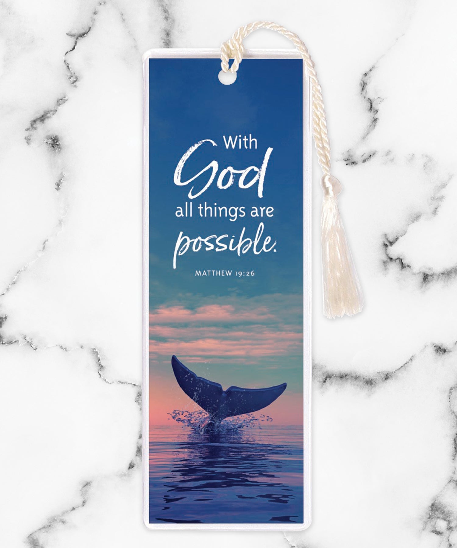 An elegant double-sided bookmark, With God, is protected by a clear vinyl sleeve and finished with a tassel.