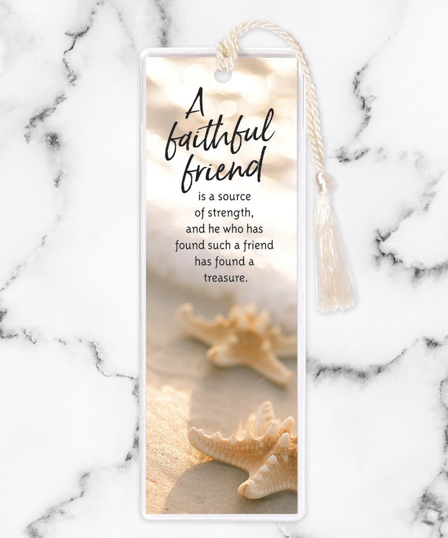 An elegant double-sided bookmark, A Faithful Friend, is protected by a clear vinyl sleeve and finished with a tassel.