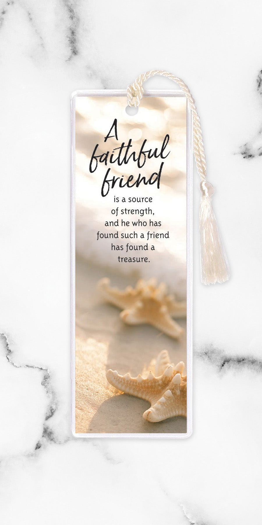 An elegant double-sided bookmark, A Faithful Friend, is protected by a clear vinyl sleeve and finished with a tassel.