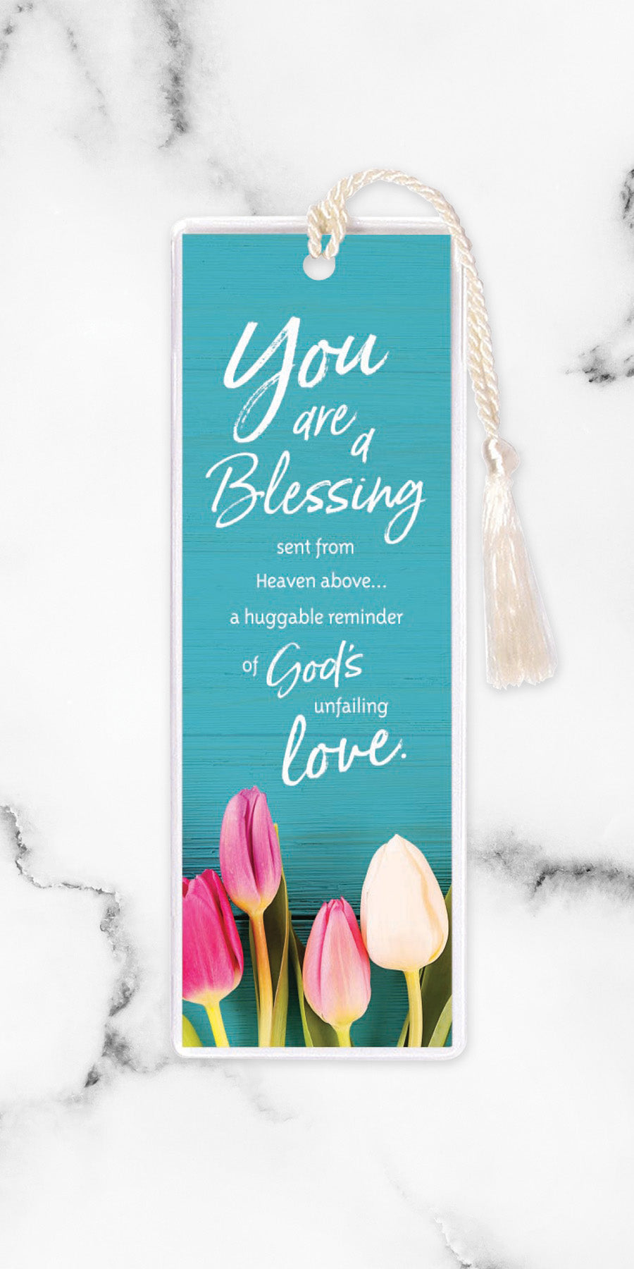 An elegant double-sided bookmark, You Are a Blessing, is protected by a clear vinyl sleeve and finished with a tassel.