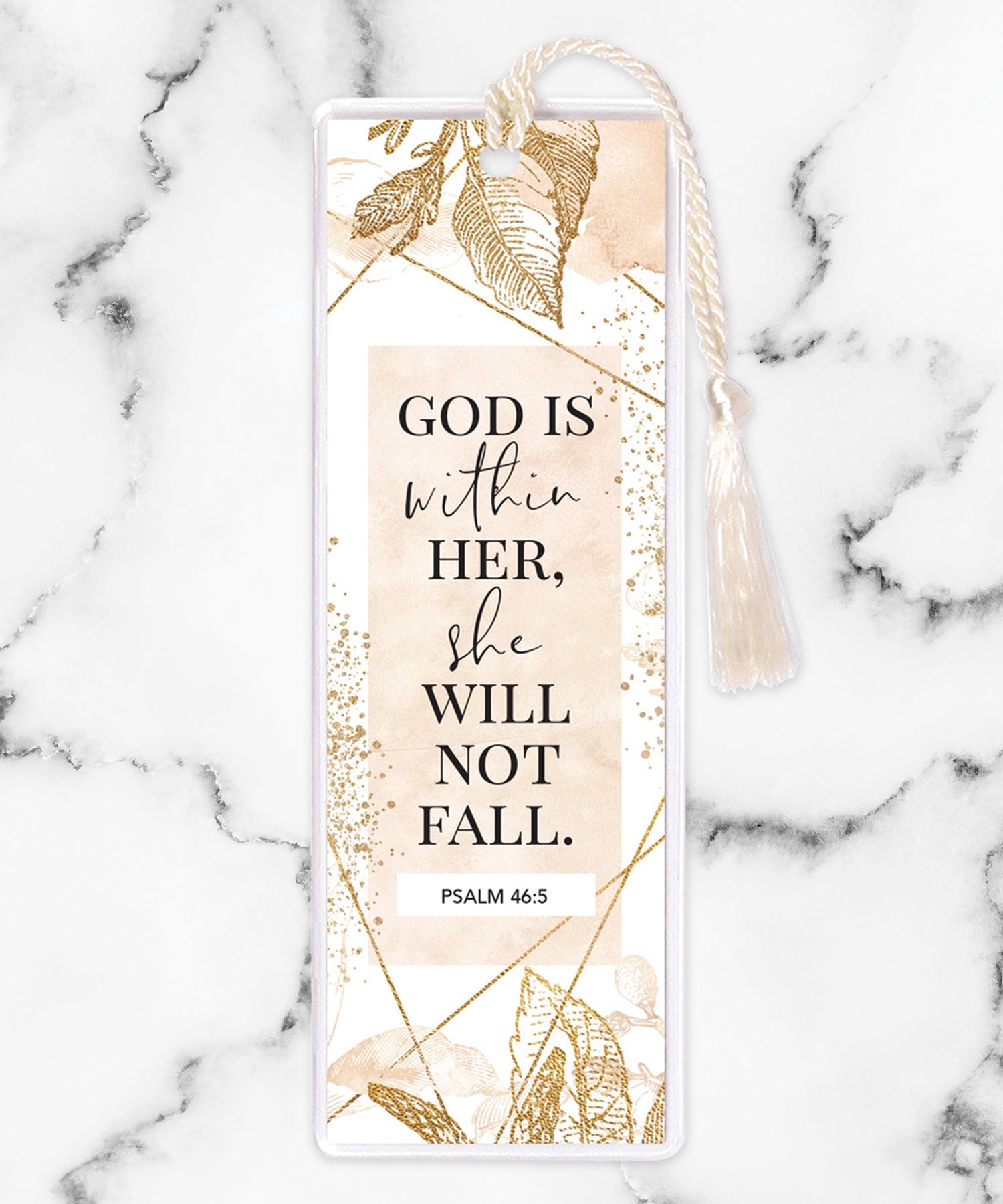 An elegant double-sided bookmark, God is Within Her, is protected by a clear vinyl sleeve and finished with a tassel.