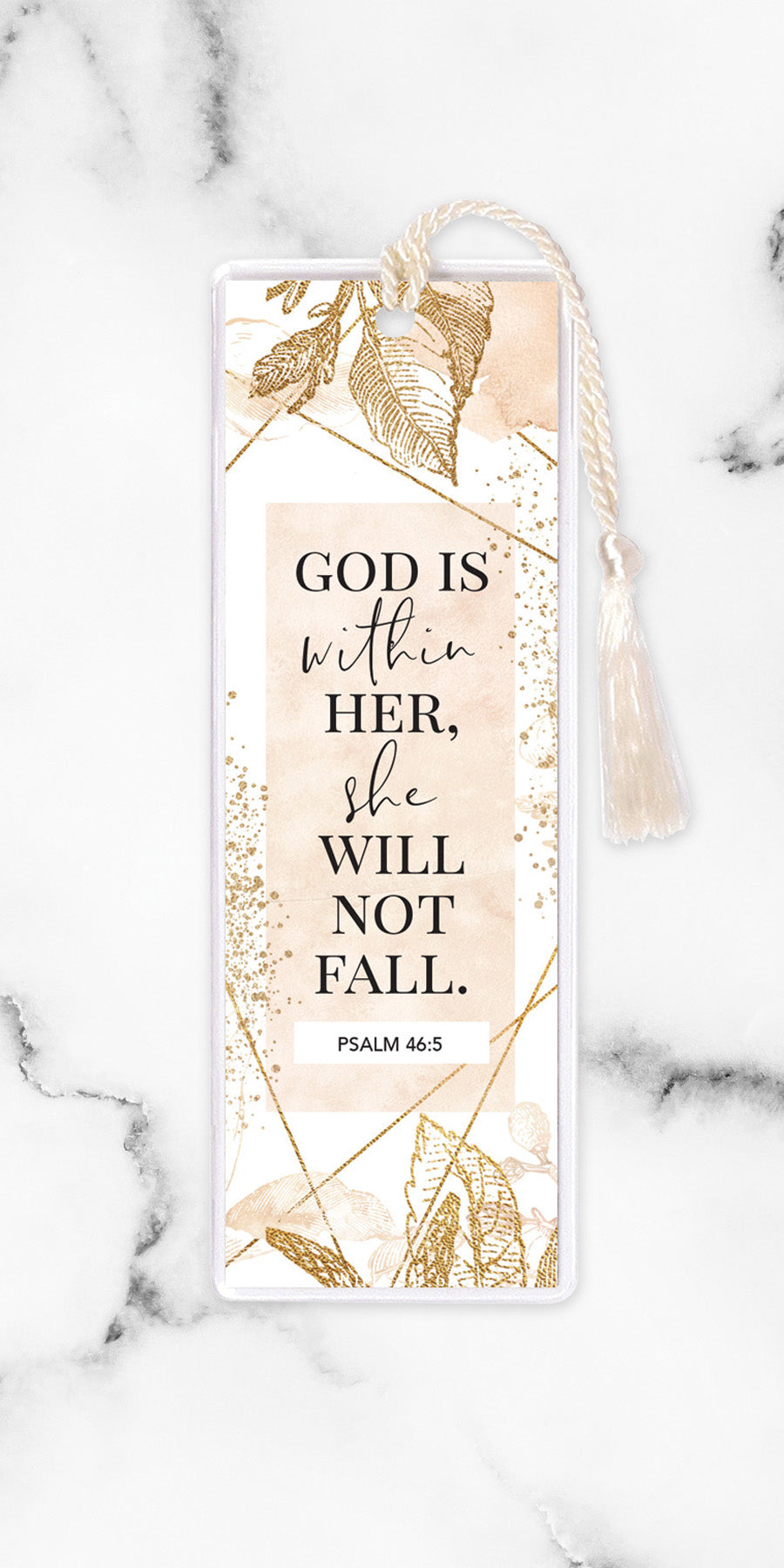 An elegant double-sided bookmark, God is Within Her, is protected by a clear vinyl sleeve and finished with a tassel.