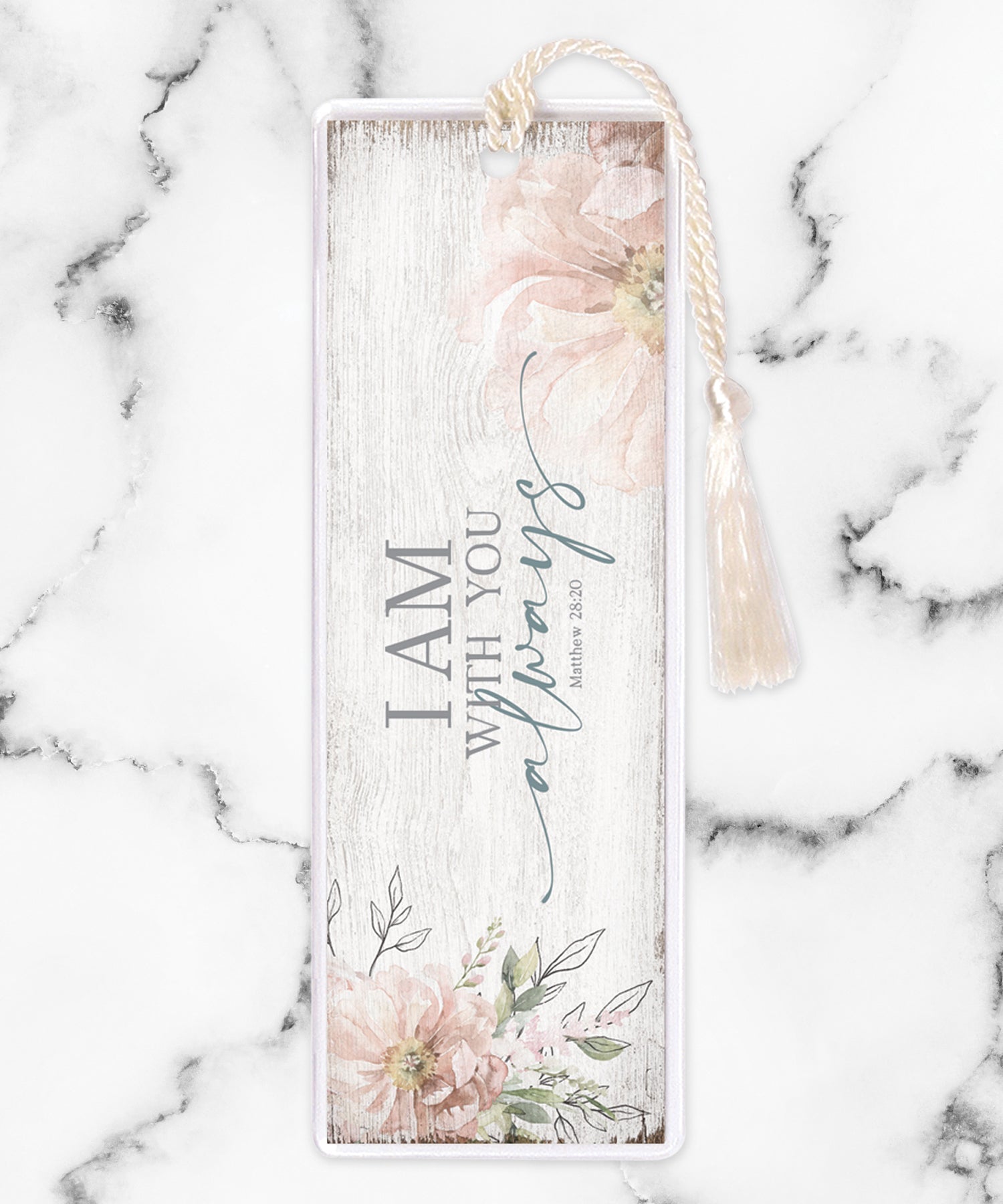 An elegant double-sided bookmark, I Am with You Always, is protected by a clear vinyl sleeve and finished with a tassel.