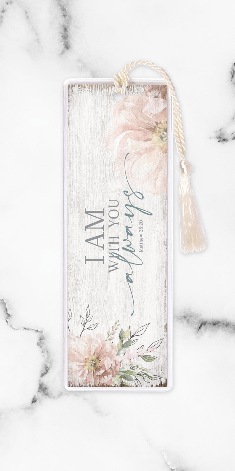 An elegant double-sided bookmark, I Am with You Always, is protected by a clear vinyl sleeve and finished with a tassel.