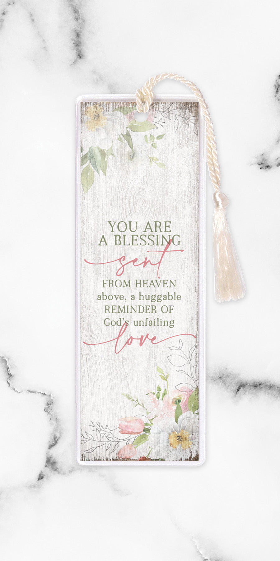 An elegant double-sided bookmark, You Are a Blessing, is protected by a clear vinyl sleeve and finished with a tassel.
