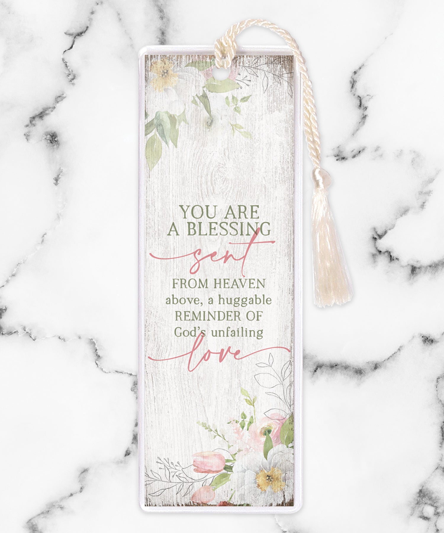 An elegant double-sided bookmark, You Are a Blessing, is protected by a clear vinyl sleeve and finished with a tassel.