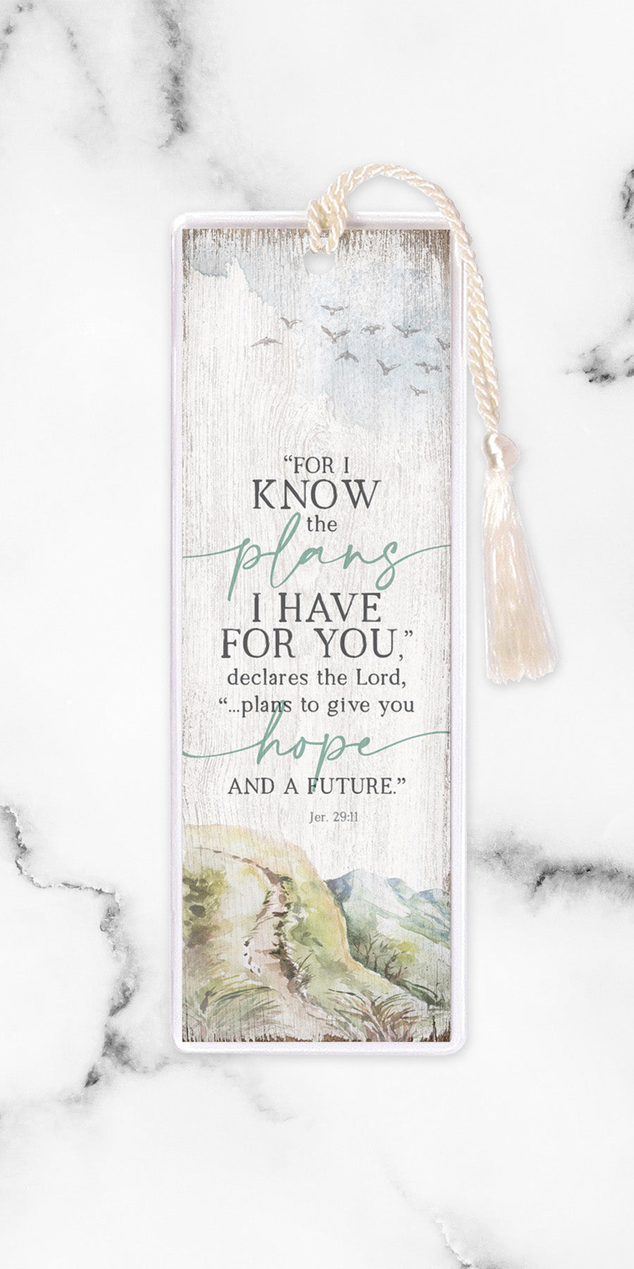 An elegant double-sided bookmark, For I Know the Plans, is protected by a clear vinyl sleeve and finished with a tassel.