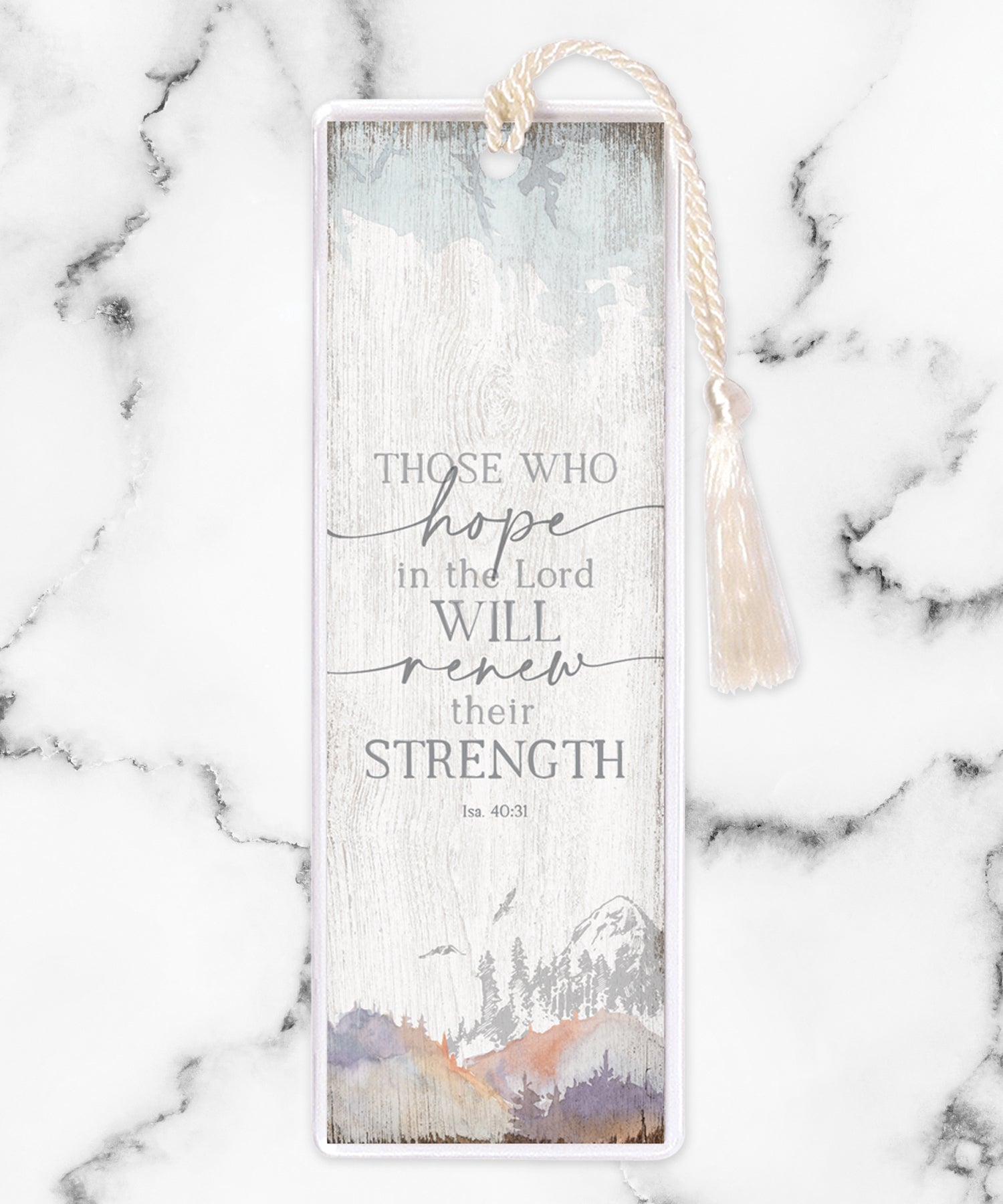 An elegant double-sided bookmark, Those Who Hope in the Lord, is protected by a clear vinyl sleeve and finished with a tassel.