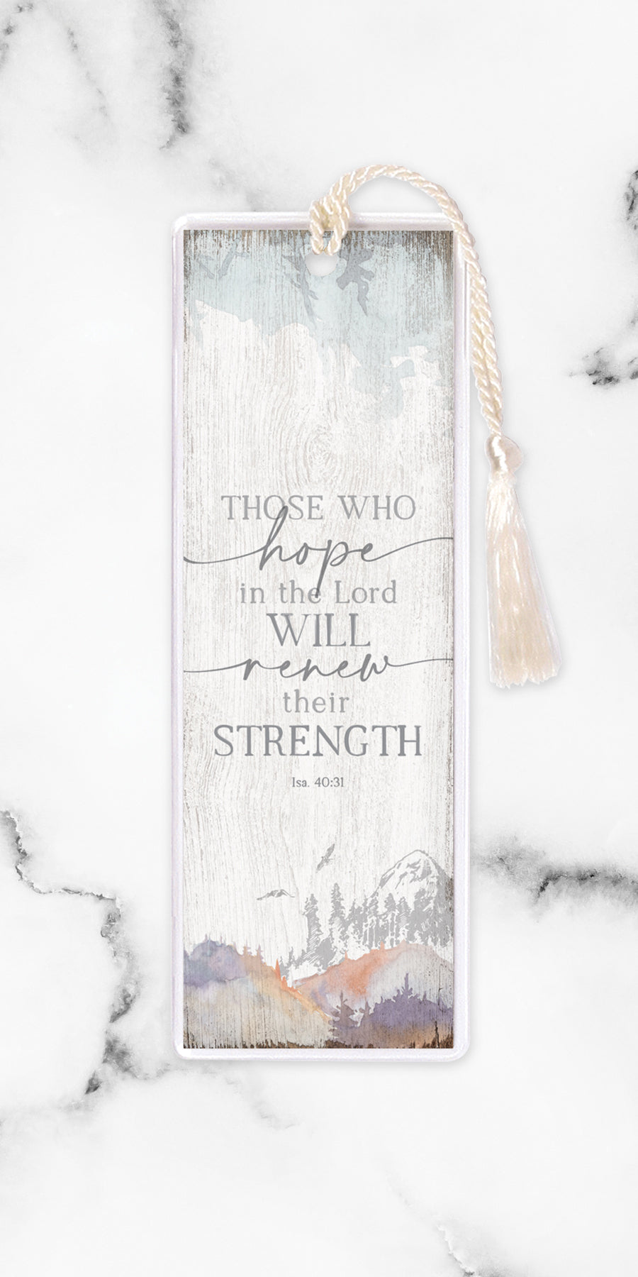 An elegant double-sided bookmark, Those Who Hope in the Lord, is protected by a clear vinyl sleeve and finished with a tassel.