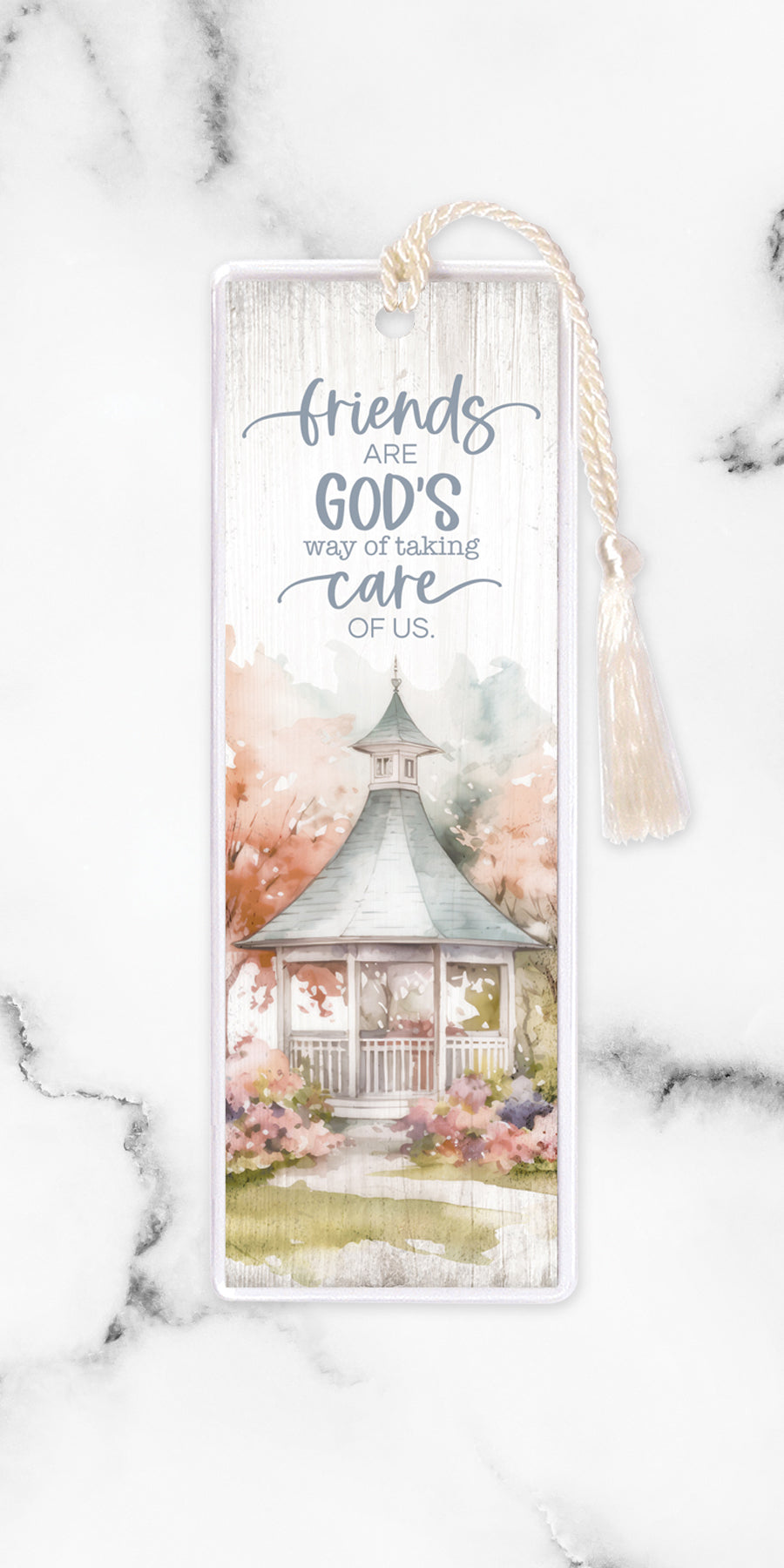 An elegant double-sided bookmark, Friends Are God's Way, is protected by a clear vinyl sleeve and finished with a tassel.