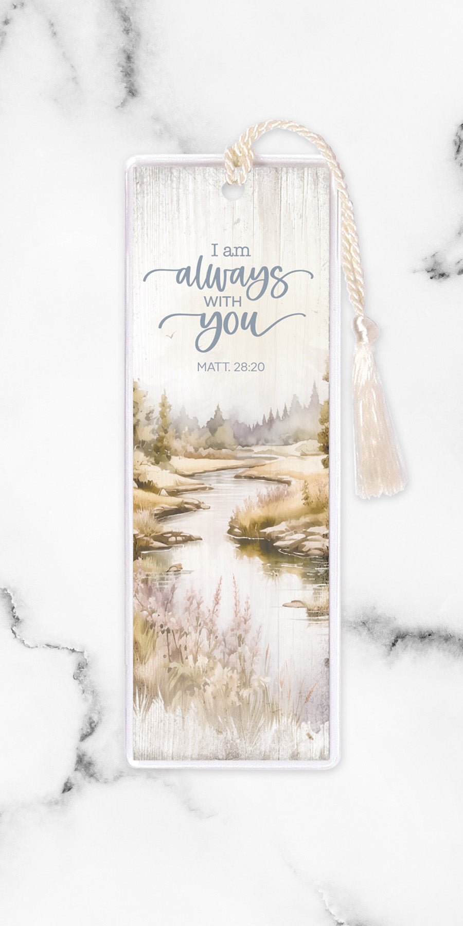 An elegant double-sided bookmark, I Am Always with You, is protected by a clear vinyl sleeve and finished with a tassel.