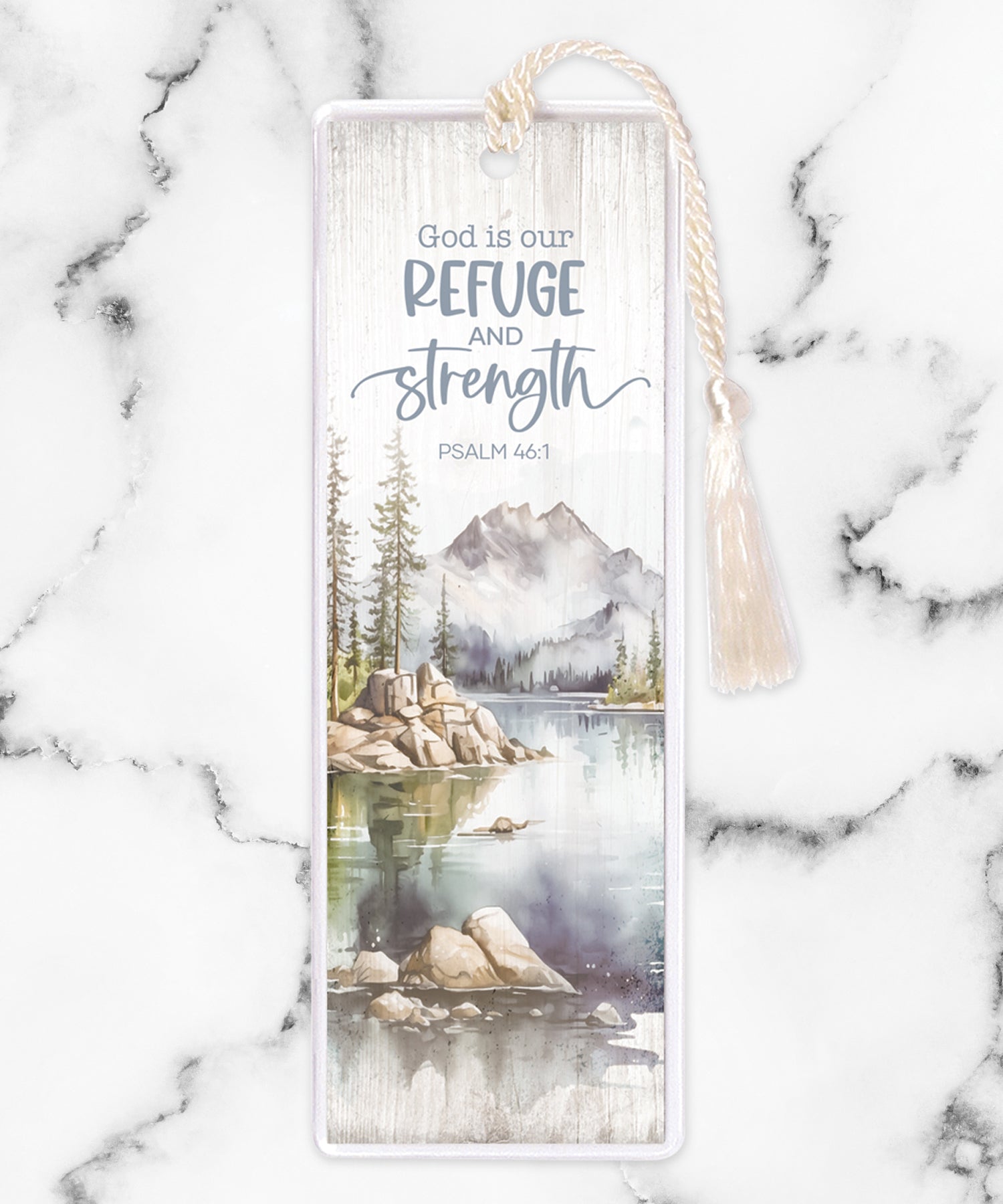 An elegant double-sided bookmark, God is Our Refuge, is protected by a clear vinyl sleeve and finished with a tassel.