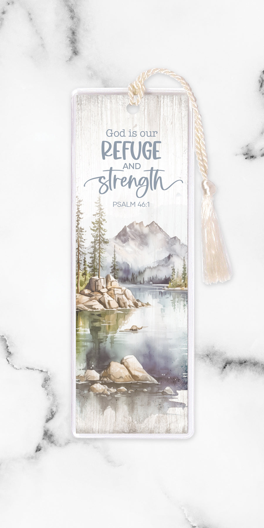 An elegant double-sided bookmark, God is Our Refuge, is protected by a clear vinyl sleeve and finished with a tassel.