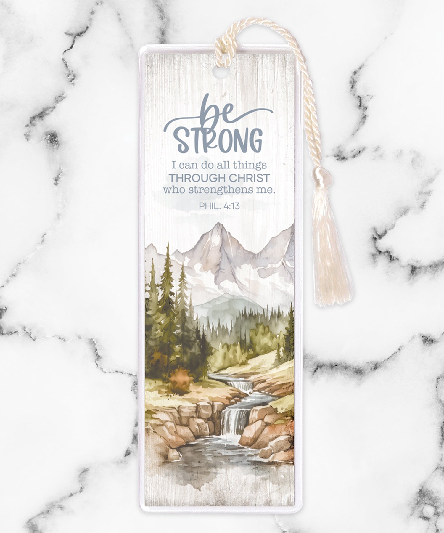 An elegant double-sided bookmark, Be Strong, is protected by a clear vinyl sleeve and finished with a tassel.