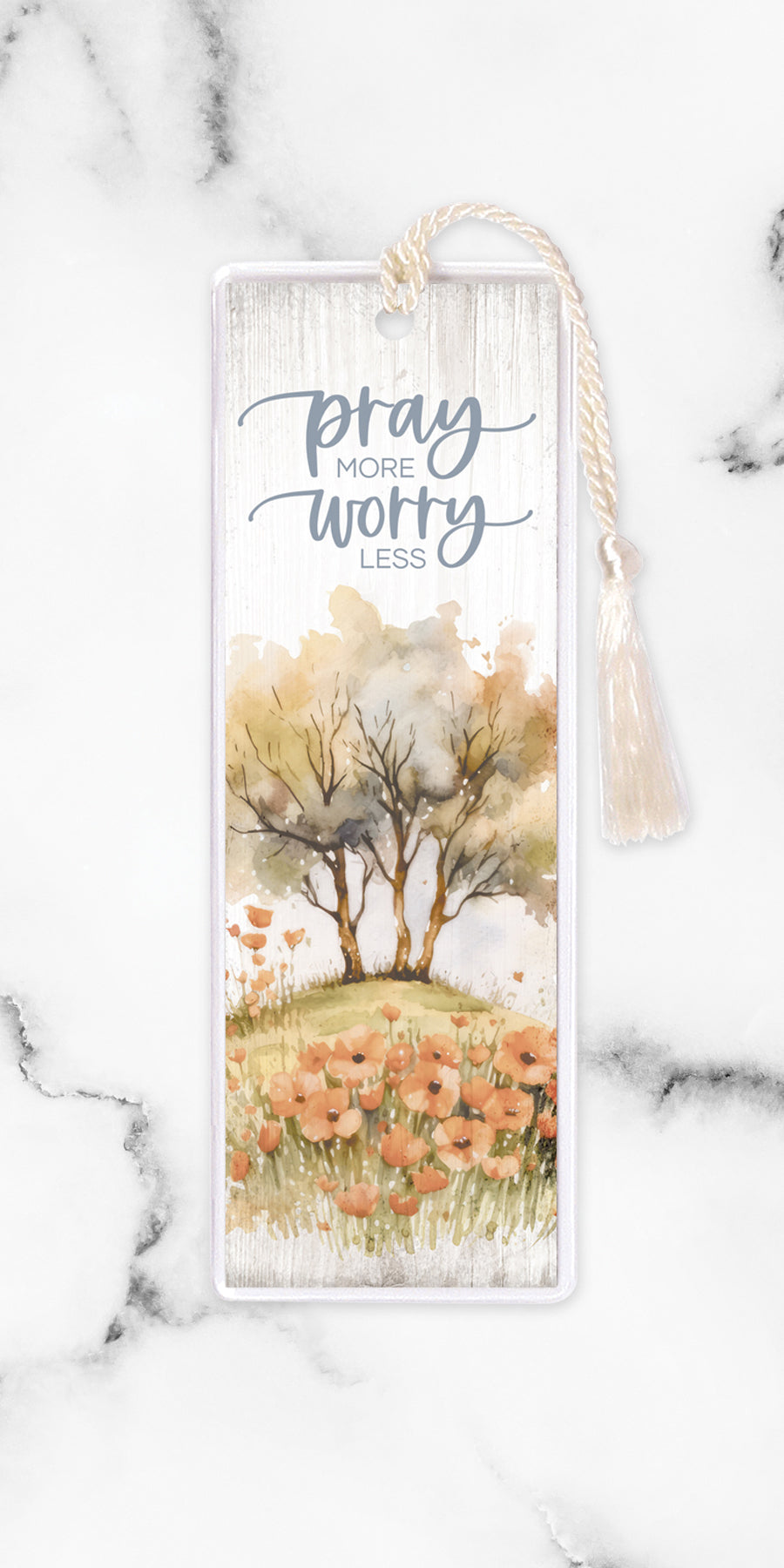 An elegant double-sided bookmark, Prayer More, is protected by a clear vinyl sleeve and finished with a tassel.