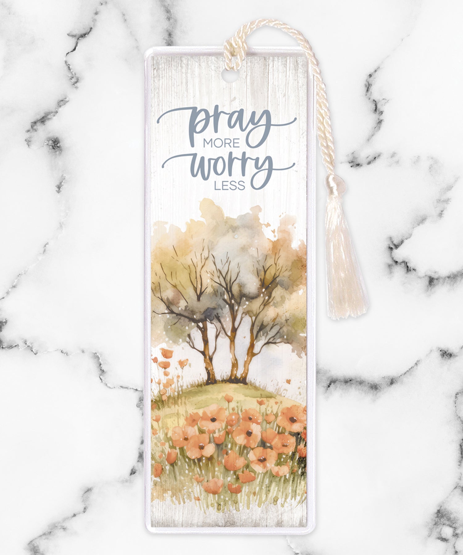 An elegant double-sided bookmark, Prayer More, is protected by a clear vinyl sleeve and finished with a tassel.