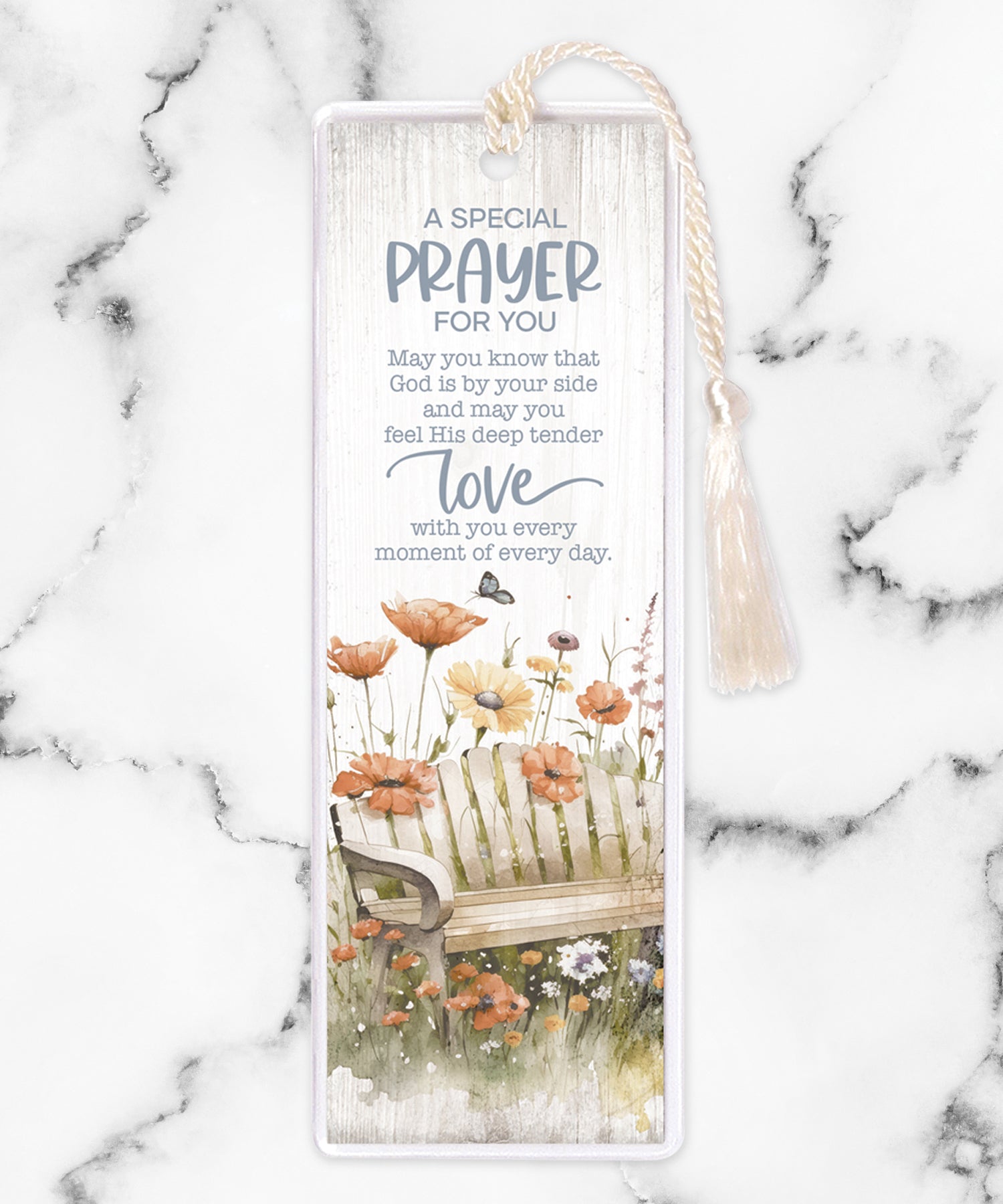 An elegant double-sided bookmark, A Special Prayer for You, is protected by a clear vinyl sleeve and finished with a tassel.